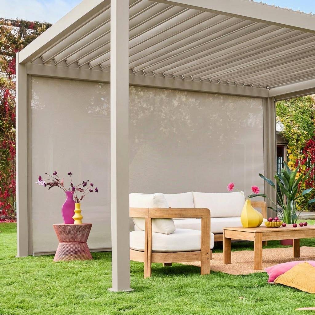 Store beige pour pergola bioclimatique – Triomphe – 3x4 m, aluminium et textilène,sweeek,Photo2