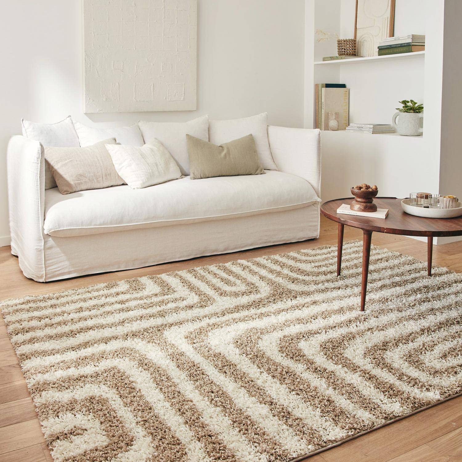 Tapis intérieur shaggy motifs géométriques rectangulaires beige 120 x 160 cm - Queensy Photo1