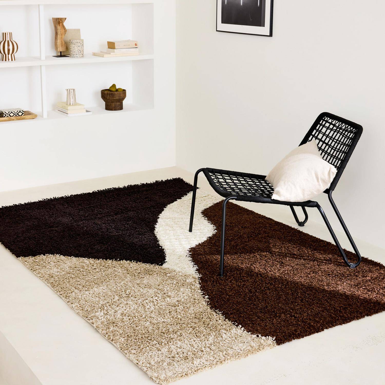 Tapis intérieur shaggy motifs géométriques beige, marron, noir 120 x 160 cm - Omar Photo1