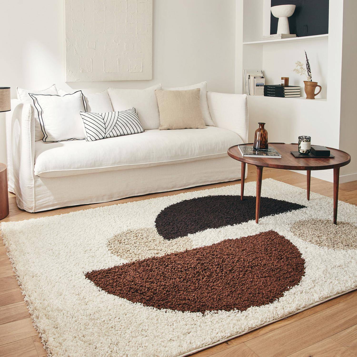 Tapis intérieur shaggy motifs géométriques circulaires beige, marron, noir 120 x 160 cm - Pitt Photo1