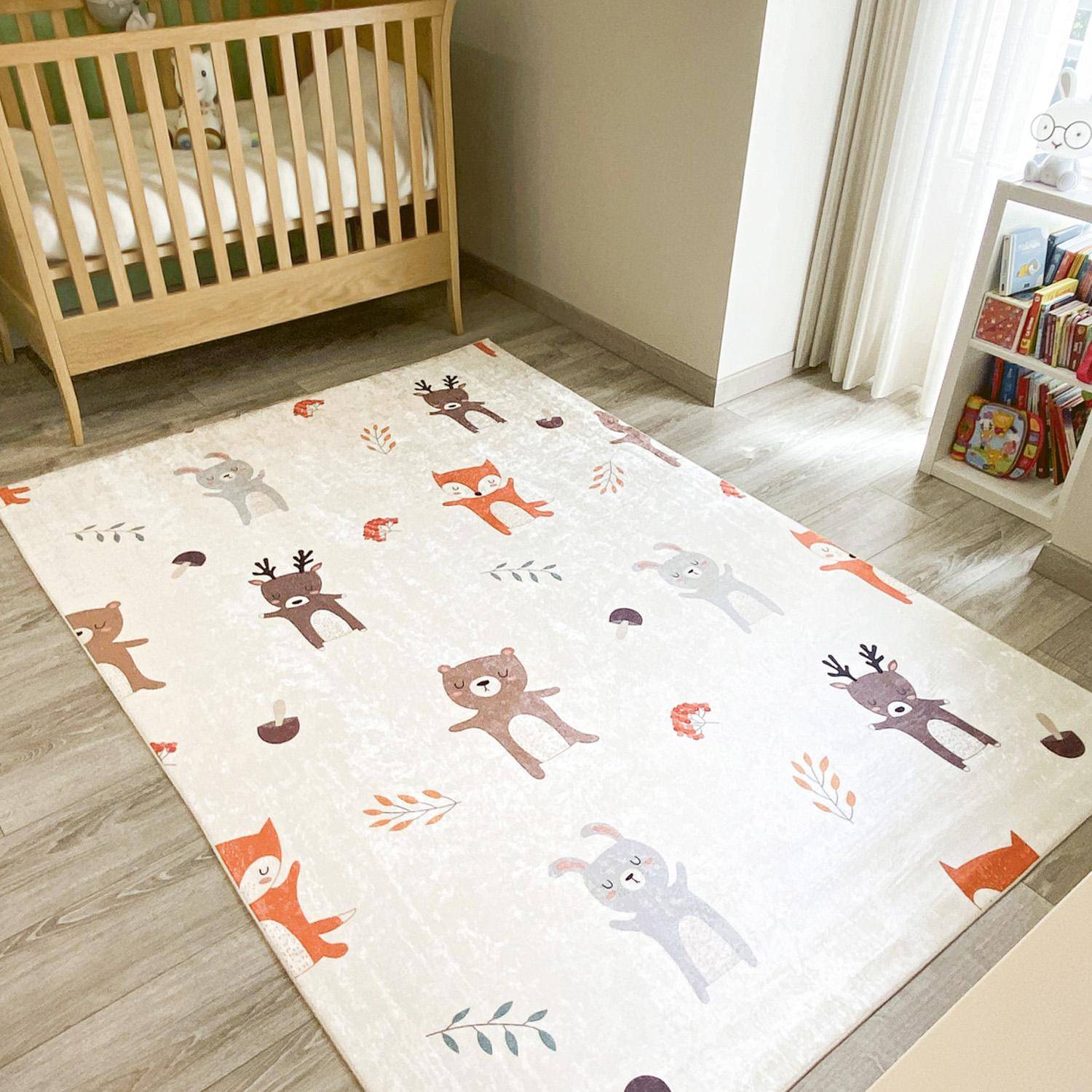Tapis intérieur enfant blanc imprimé animaux thème automnal 120 x 160 cm - Ravon Photo1