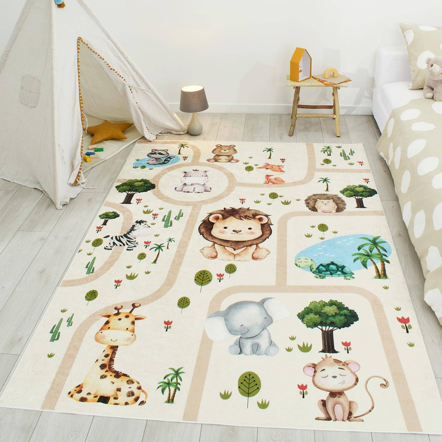 Tapis intérieur enfant blanc imprimé animaux 120 x 160 cm - Marti Photo1