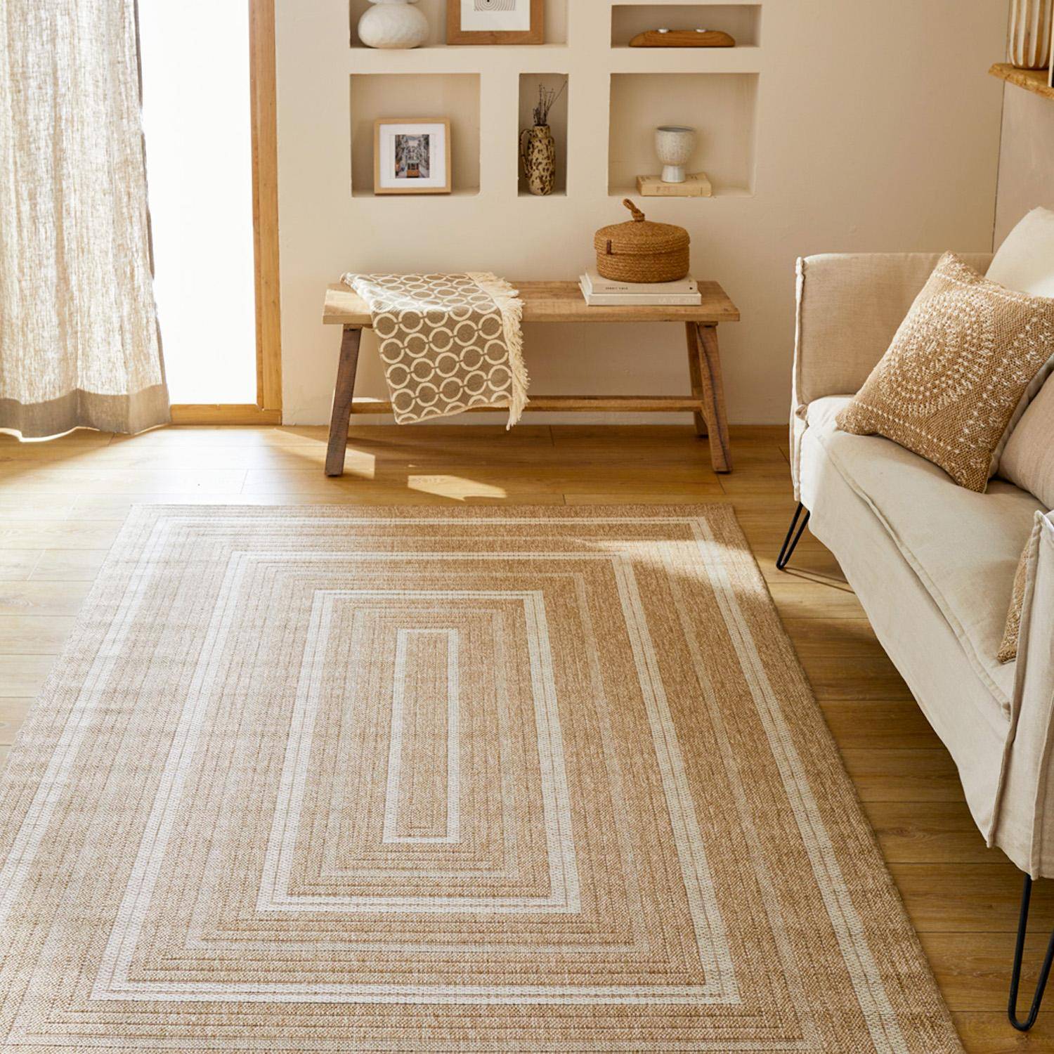 Tapis intérieur/extérieur rectangulaire effet toile de jute beige avec motifs 120 x 160 cm - Daymo Photo1