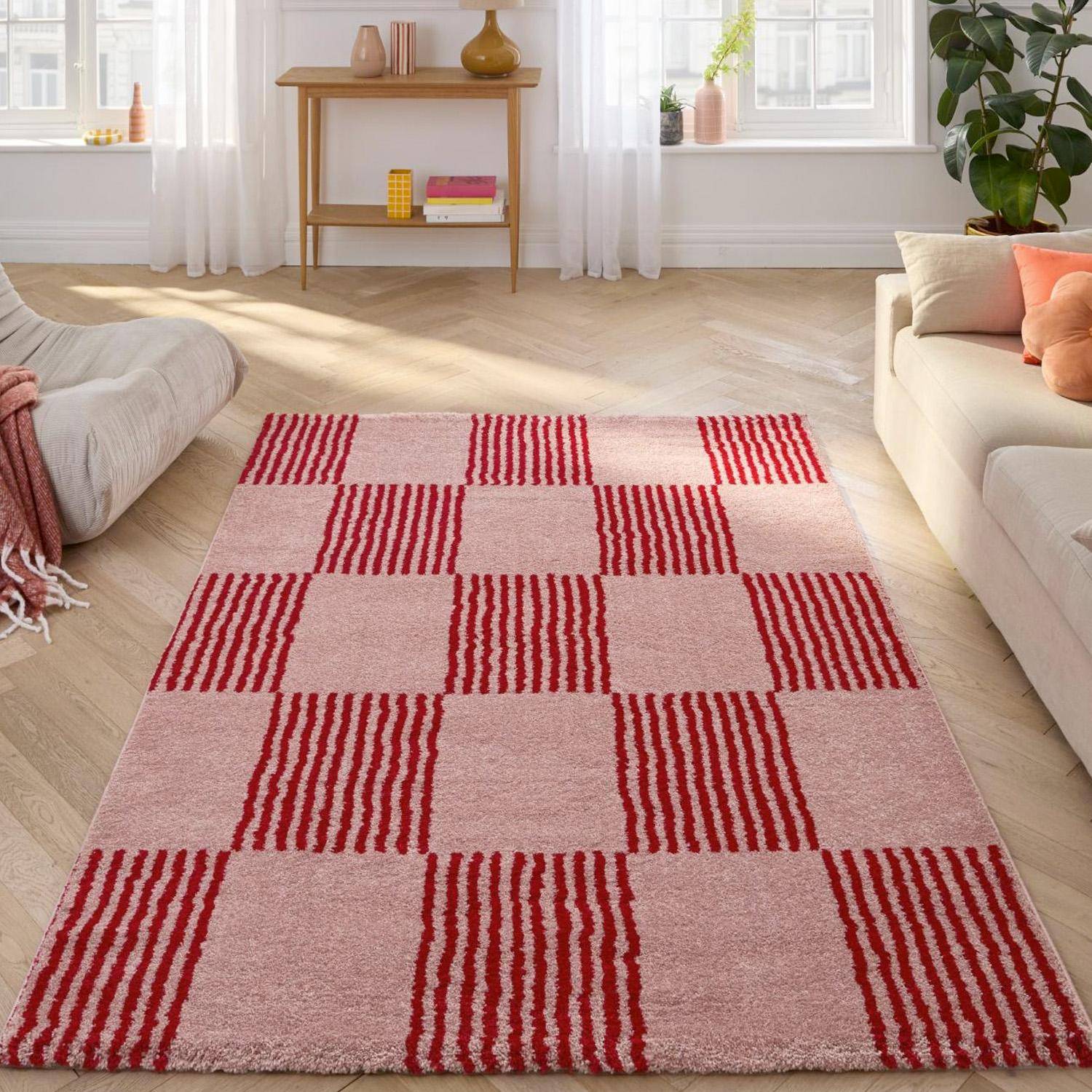 Alfombra interior con motivo damero rojo y rosa, Fergew, 290x200x2 cm Photo1