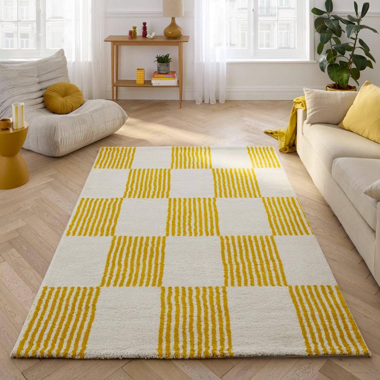 Alfombra interior con motivo damero amarillo y blanco, Fergew, 290x200x2 cm Photo1