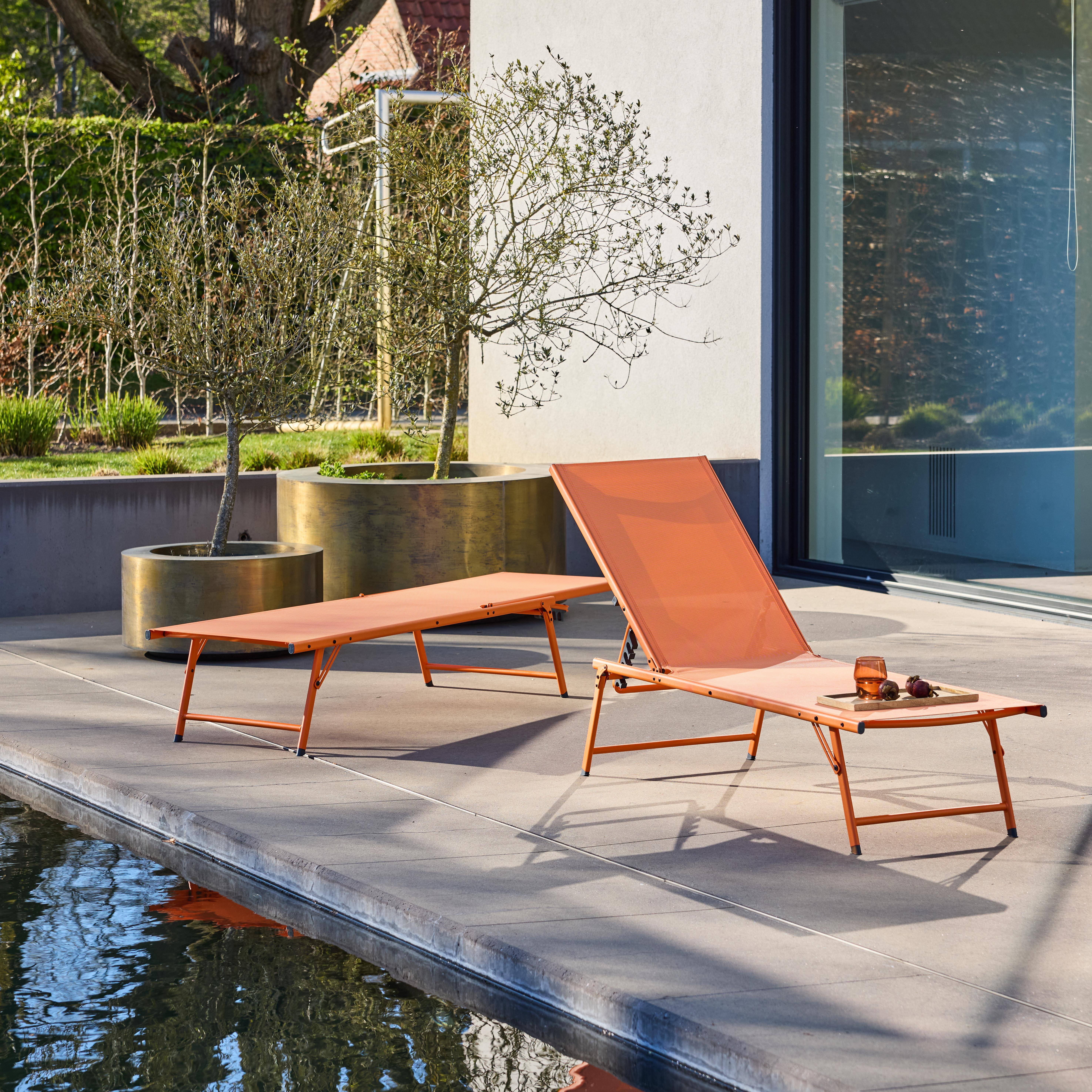 Lot de 2 bains de soleil acier textilène inclinable 4 positions Tropea orange, 165 x 54,5 x 82,5 cm Photo3