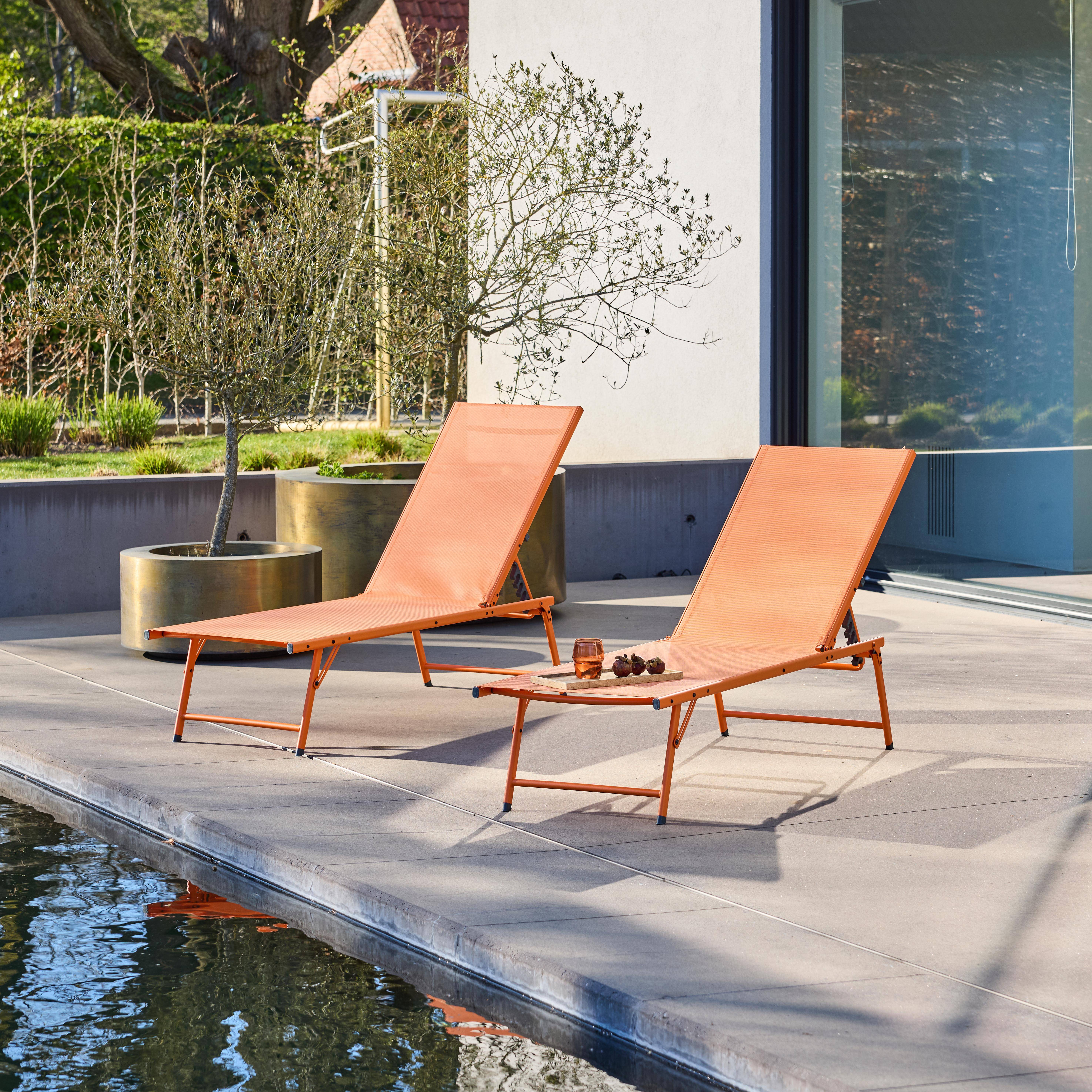 Lot de 2 bains de soleil acier textilène inclinable 4 positions Tropea orange, 165 x 54,5 x 82,5 cm,sweeek,Photo1