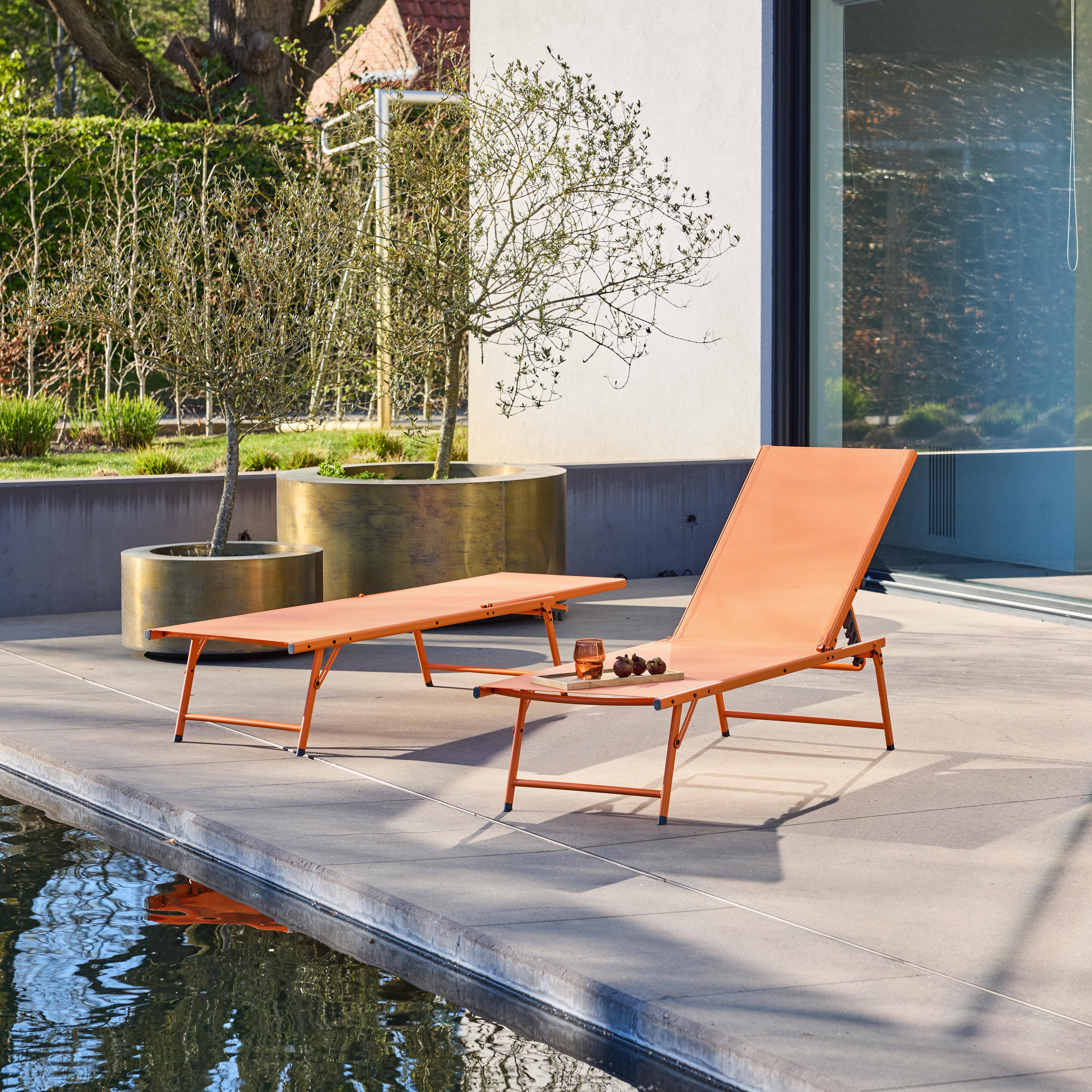 Lot de 2 bains de soleil acier textilène inclinable 4 positions Tropea orange, 165 x 54,5 x 82,5 cm,sweeek,Photo2