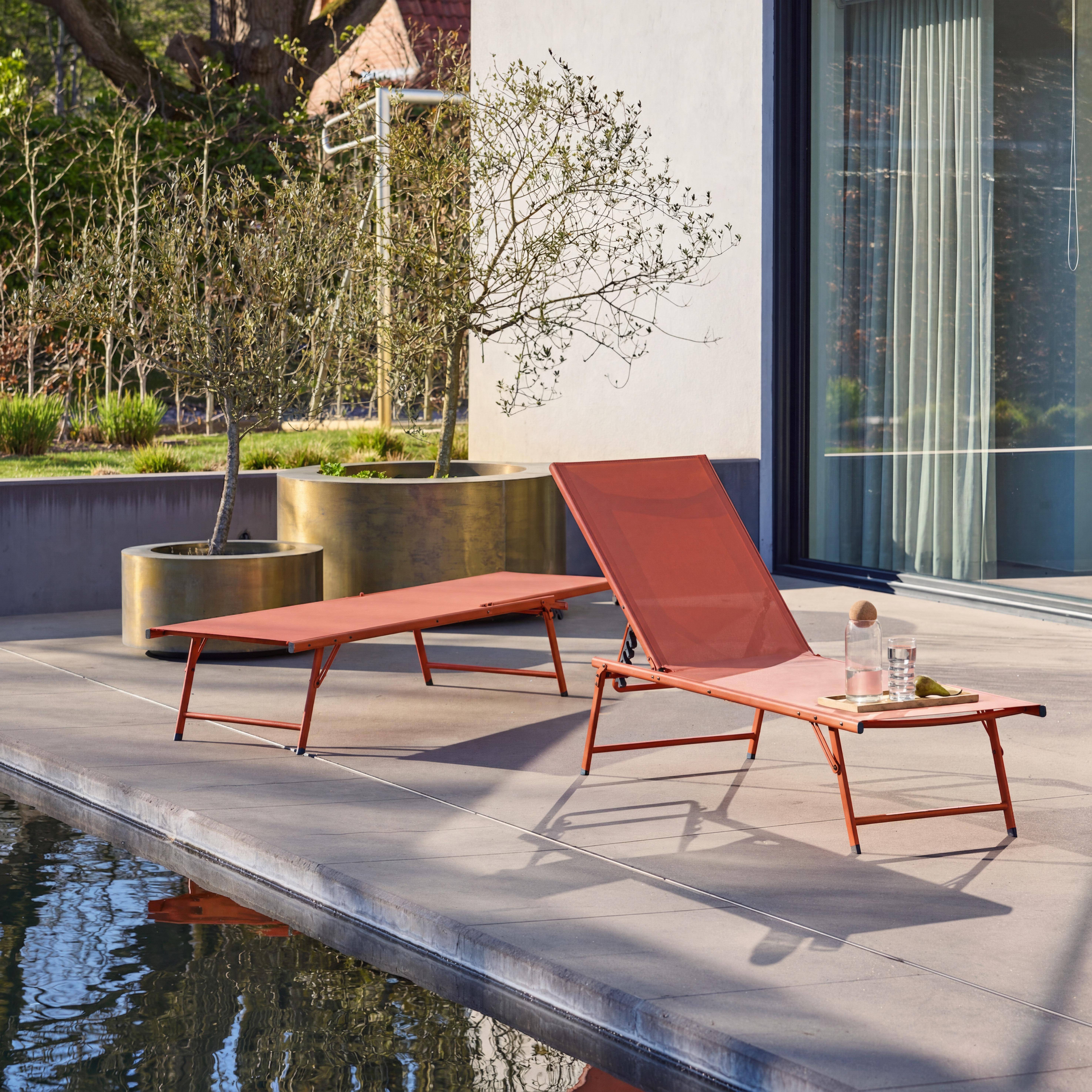 Lot de 2 bains de soleil acier textilène inclinable 4 positions Tropea terracotta, 165 x 54,5 x 82,5 cm,sweeek,Photo3