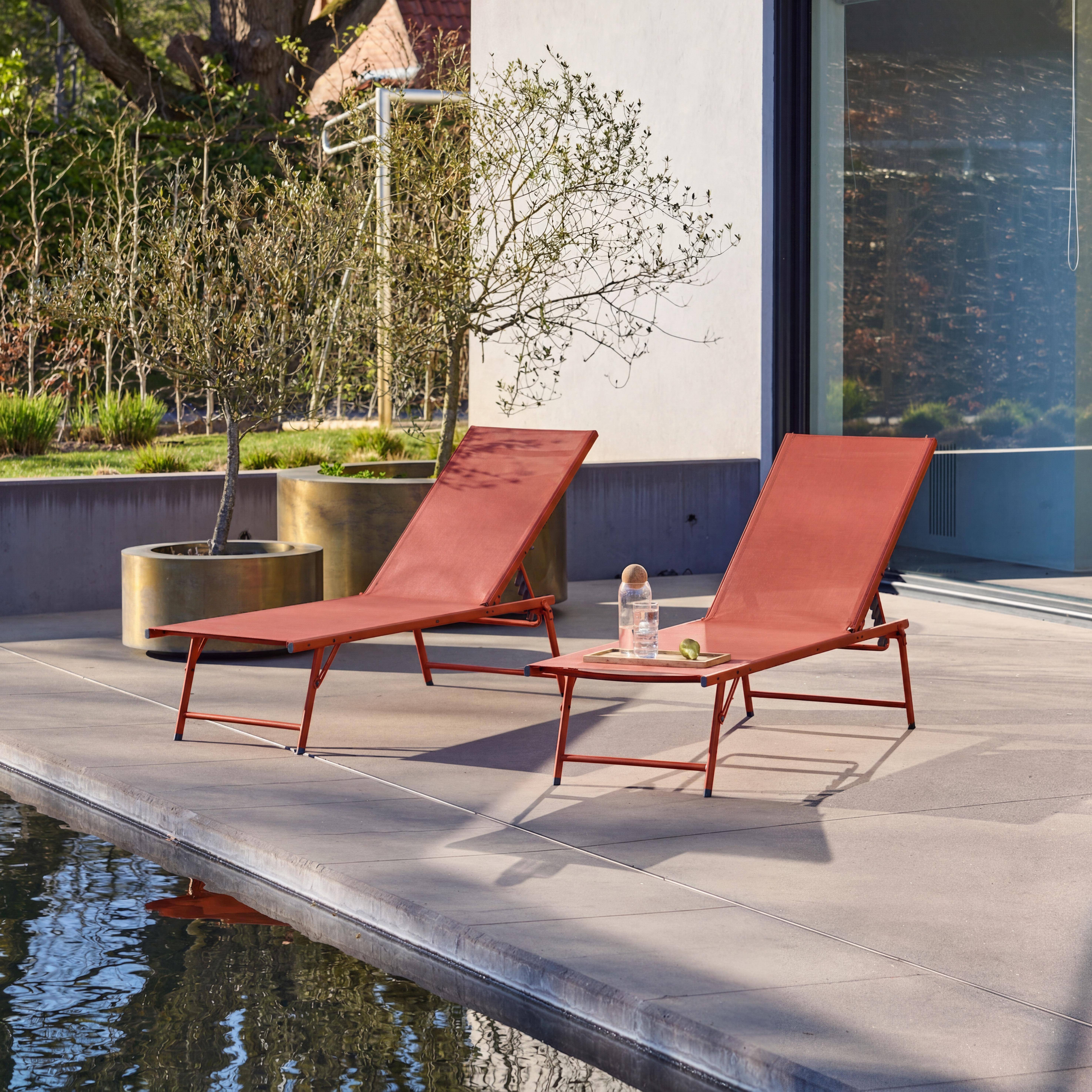 Lot de 2 bains de soleil acier textilène inclinable 4 positions Tropea terracotta, 165 x 54,5 x 82,5 cm Photo1