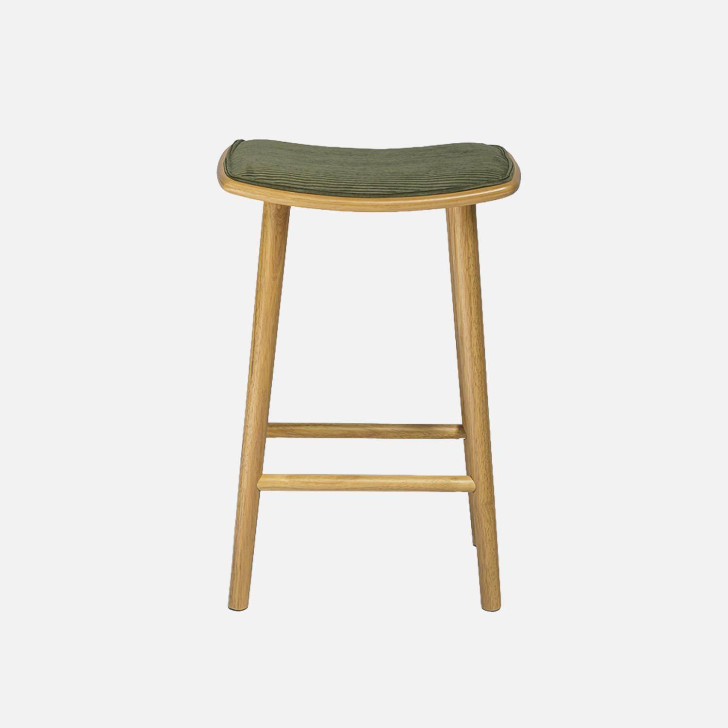 Lot de 2 tabourets de bar vintage bois d'hévéa naturel et velours côtelé kaki - 46,5 x 31 x 70 cm - Louna,sweeek,Photo3