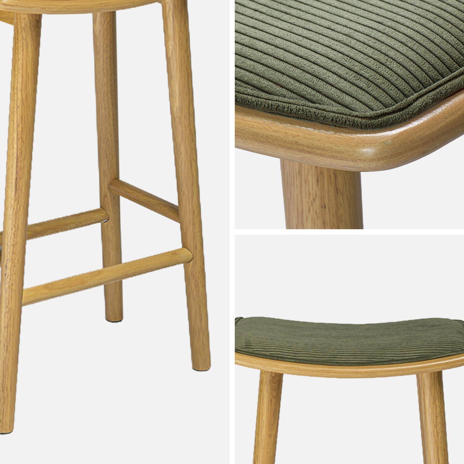 Lot de 2 tabourets de bar vintage bois d'hévéa naturel et velours côtelé kaki - 46,5 x 31 x 70 cm - Louna,sweeek,Photo4