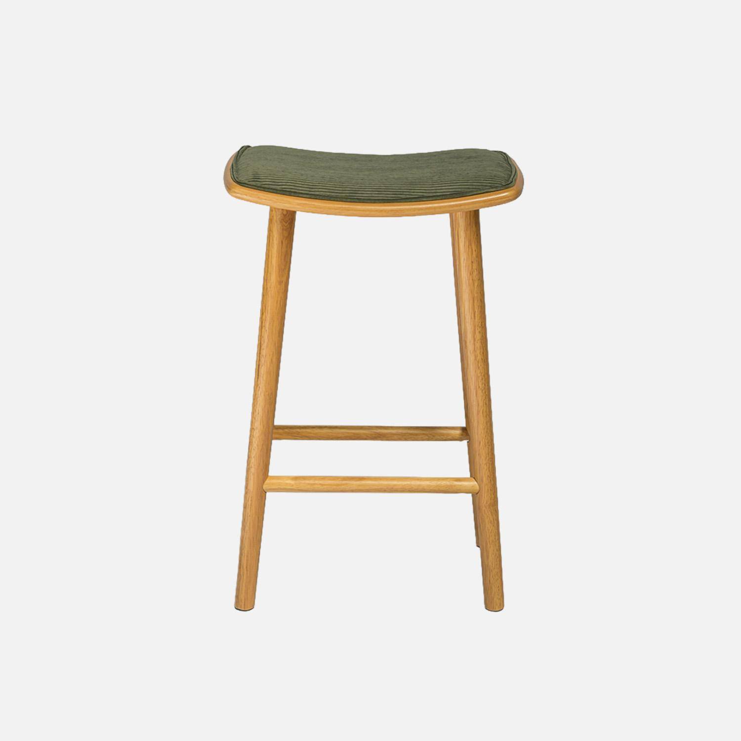 Lot de 2 tabourets de bar vintage bois d'hévéa naturel et velours côtelé kaki - 46,5 x 31 x 70 cm - Louna Photo3