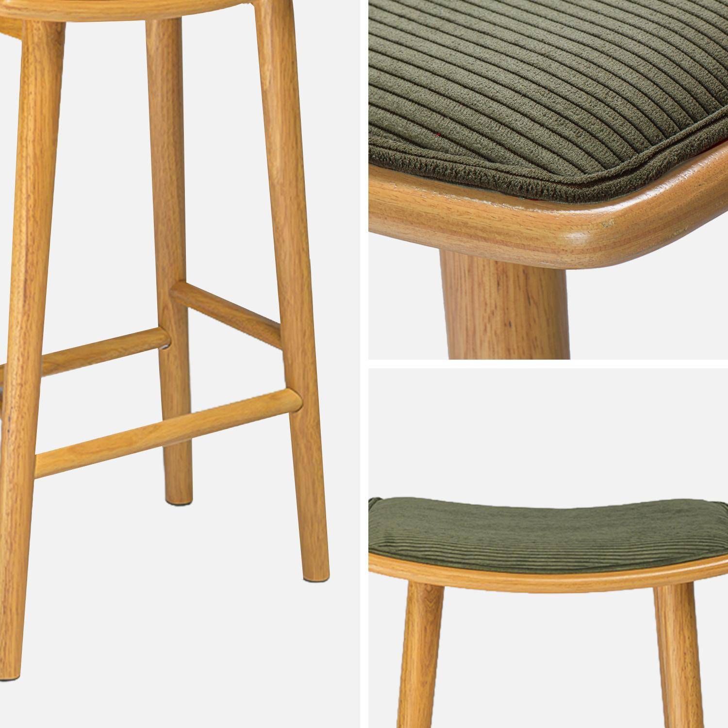 Lot de 2 tabourets de bar vintage bois d'hévéa naturel et velours côtelé kaki - 46,5 x 31 x 70 cm - Louna Photo4