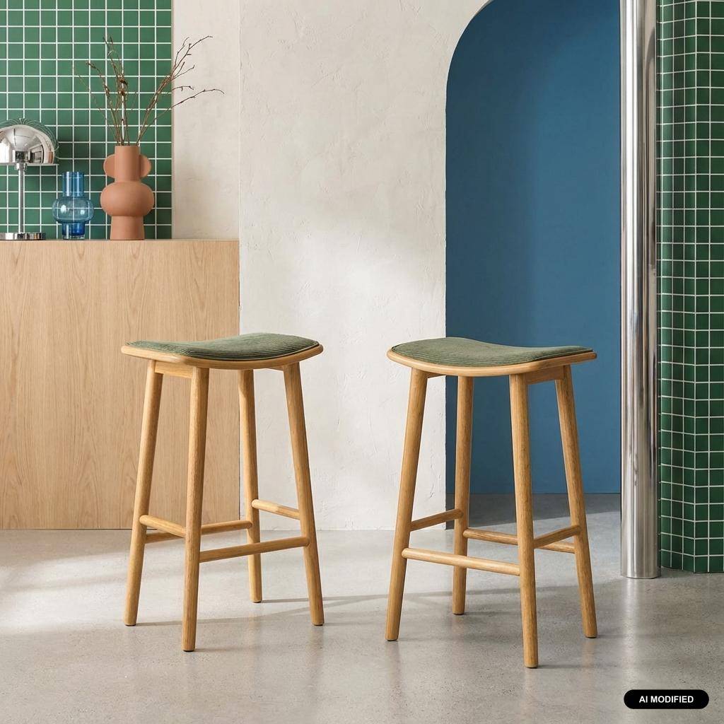 Barkrukken vintage met rubberhout en corduroy (set van 2) naturel/kaki 46,5 x 31 x 70 cm - Louna Photo1