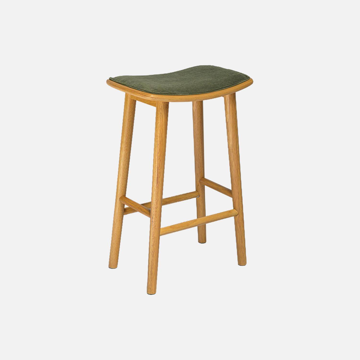 Lot de 2 tabourets de bar vintage bois d'hévéa naturel et velours côtelé kaki - 46,5 x 31 x 70 cm - Louna,sweeek,Photo2