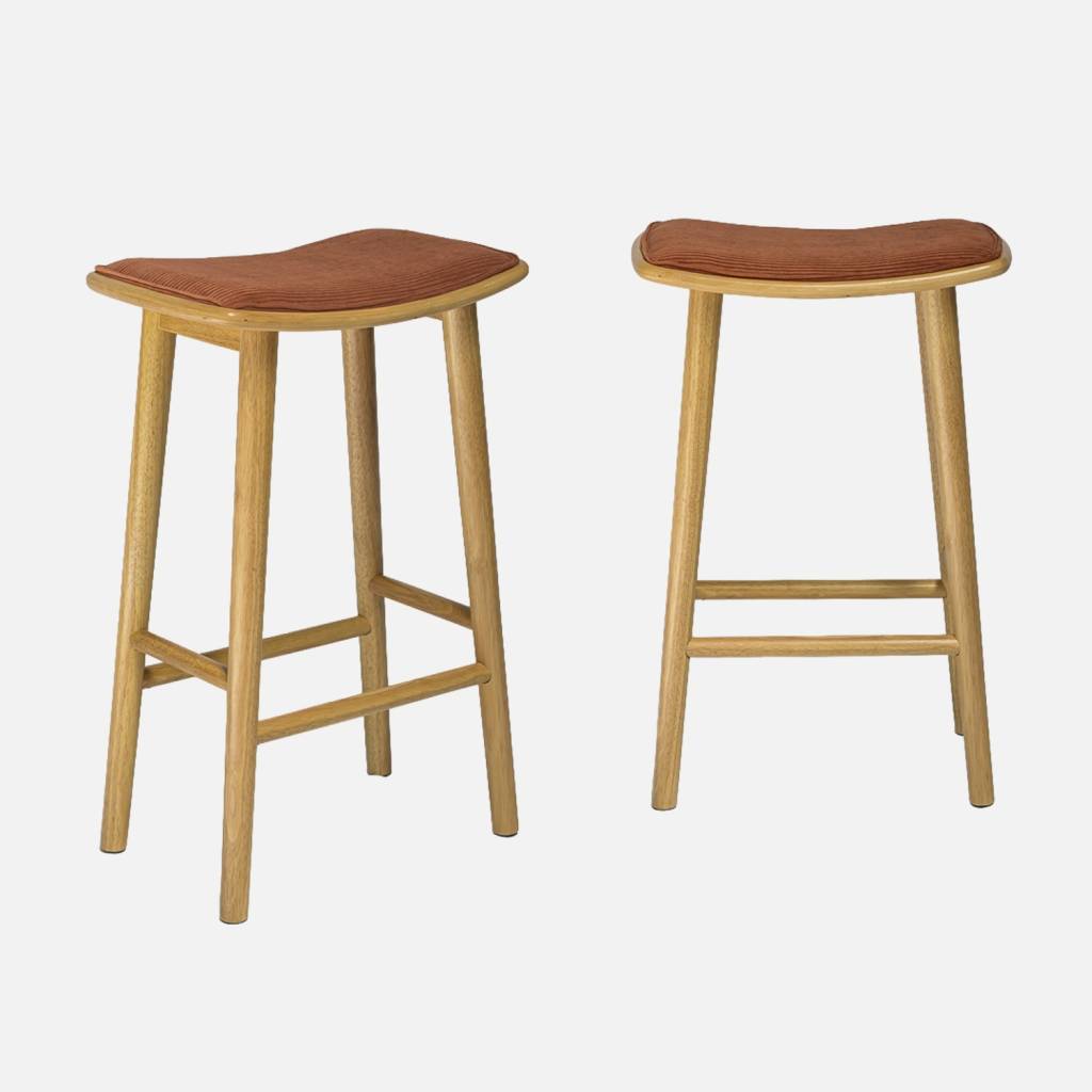 Lot de 2 tabourets de bar hévéa naturel et velours côtelé terracotta