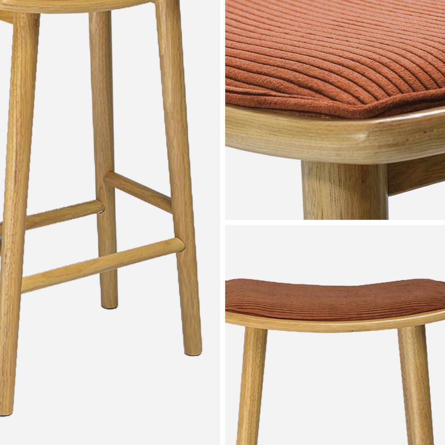 Lot de 2 tabourets de bar vintage bois d'hévéa naturel et velours côtelé terracotta - 46,5 x 31 x 70 cm - Louna,sweeek,Photo4
