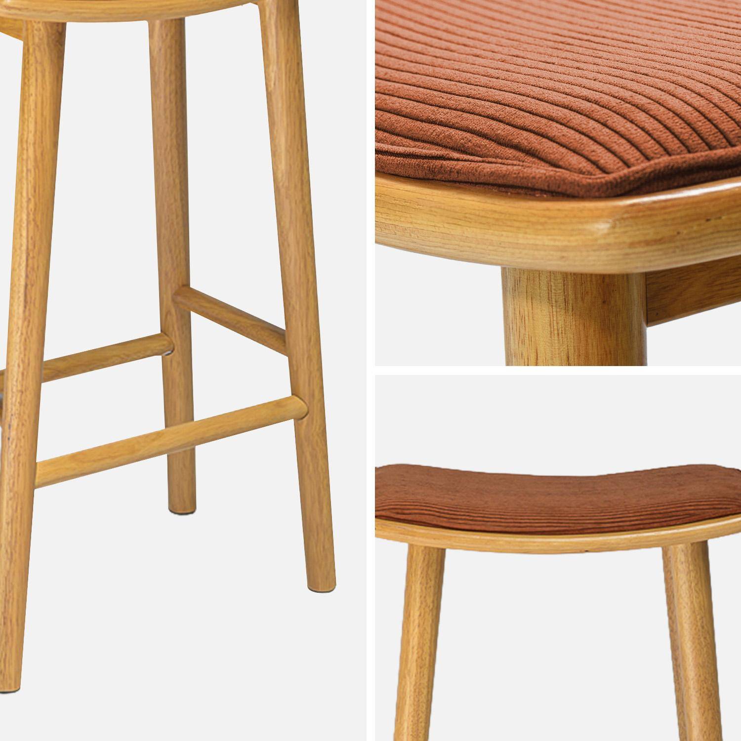 Lot de 2 tabourets de bar vintage bois d'hévéa naturel et velours côtelé terracotta - 46,5 x 31 x 70 cm - Louna Photo4