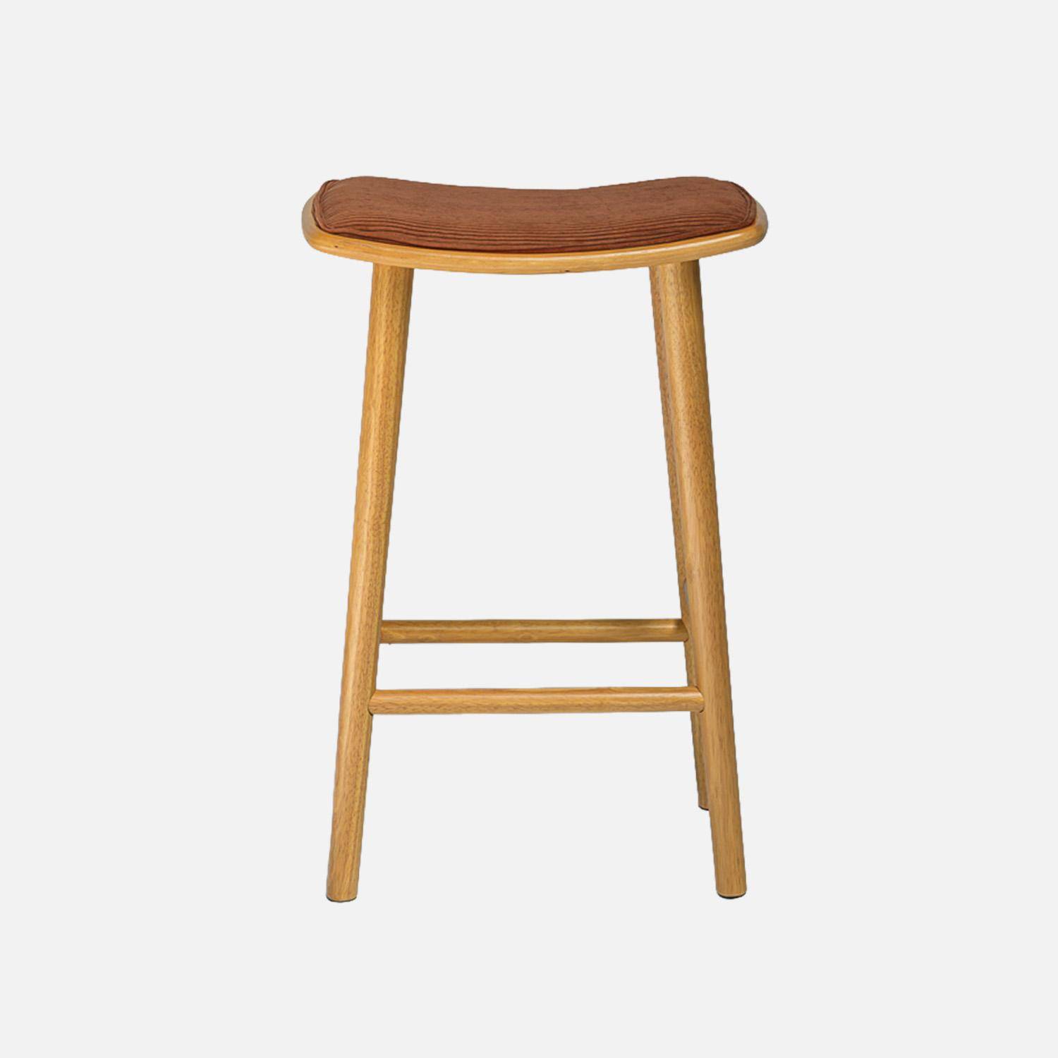 Lot de 2 tabourets de bar vintage bois d'hévéa naturel et velours côtelé terracotta - 46,5 x 31 x 70 cm - Louna,sweeek,Photo3