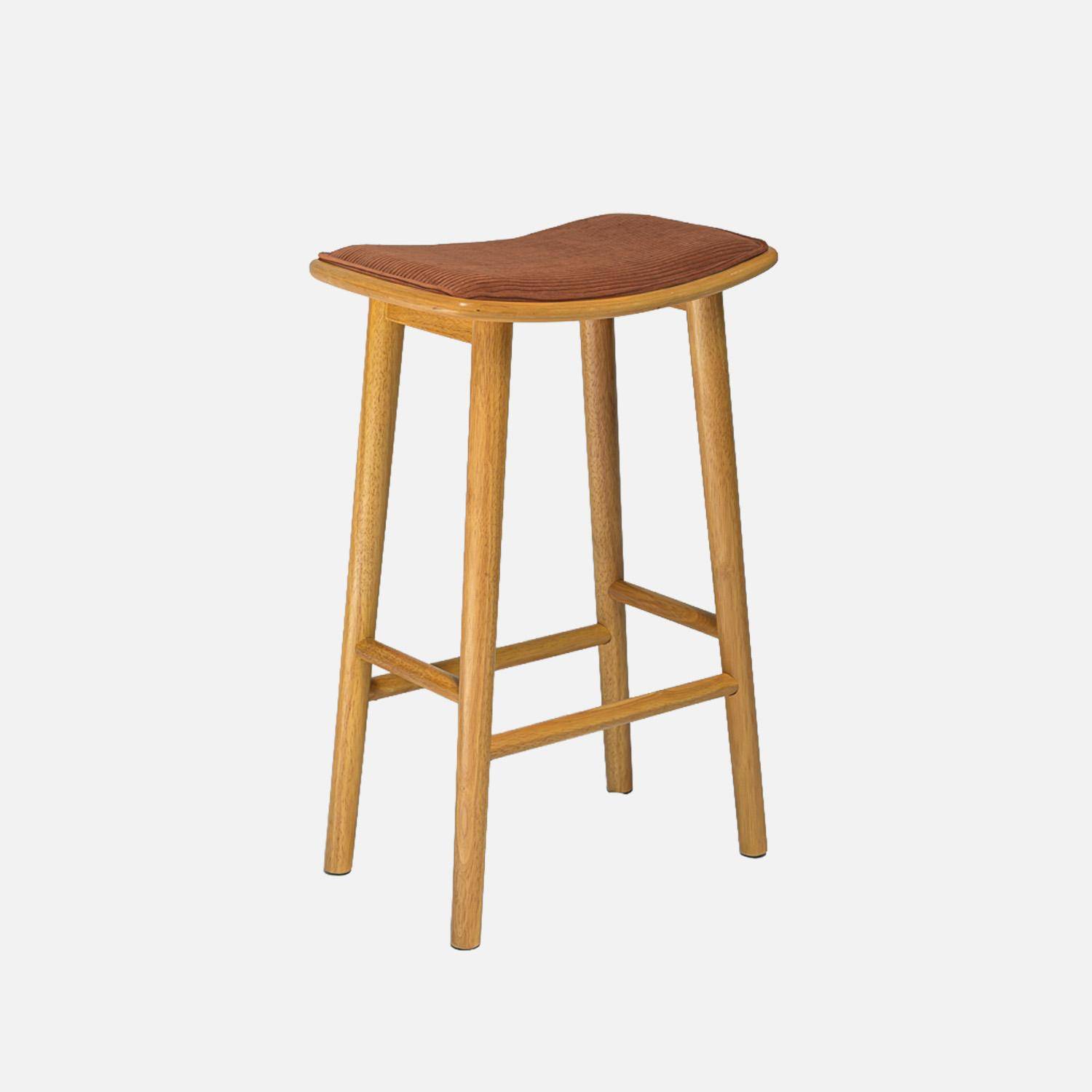 Lot de 2 tabourets de bar vintage bois d'hévéa naturel et velours côtelé terracotta - 46,5 x 31 x 70 cm - Louna Photo2