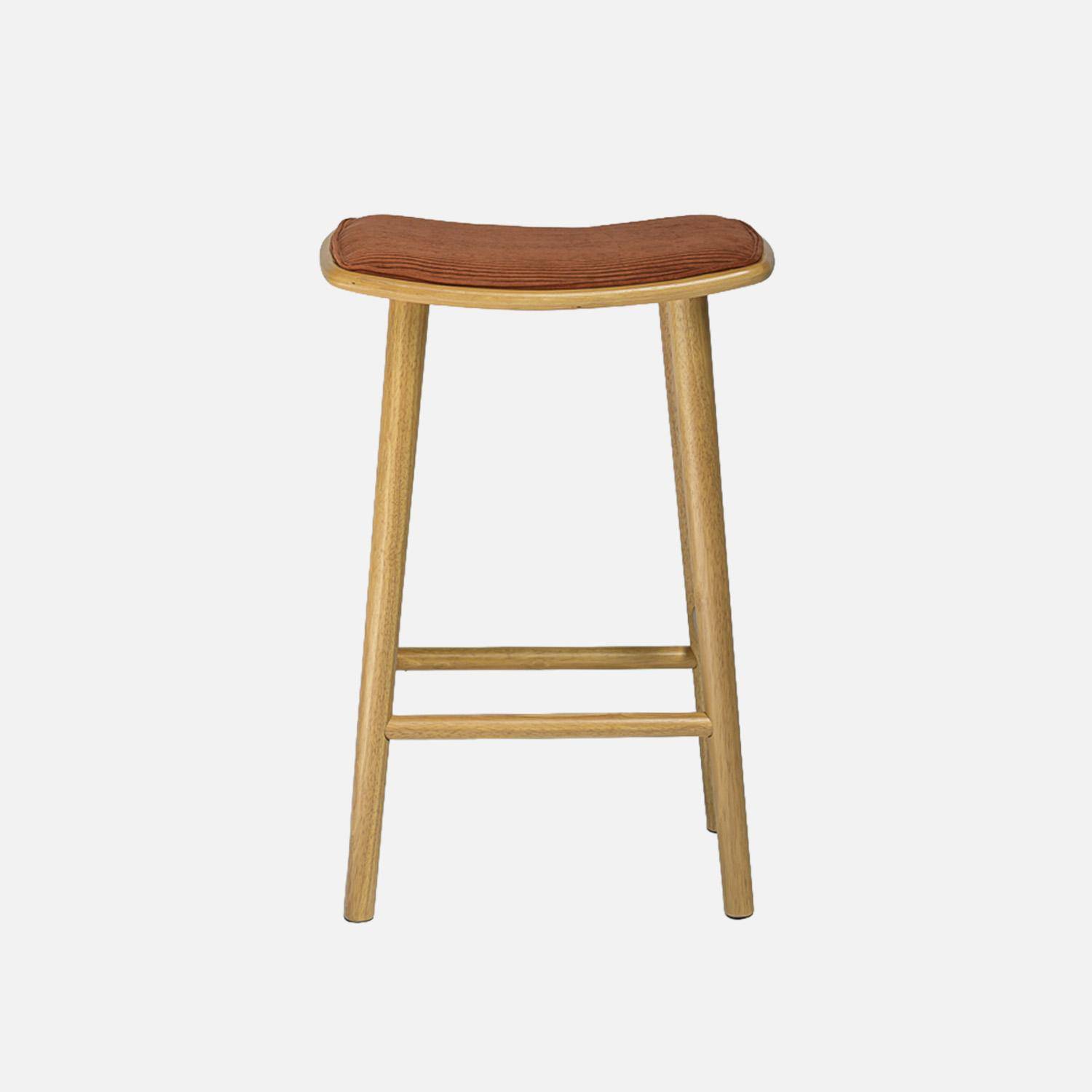 Lot de 2 tabourets de bar vintage bois d'hévéa naturel et velours côtelé terracotta - 46,5 x 31 x 70 cm - Louna Photo3