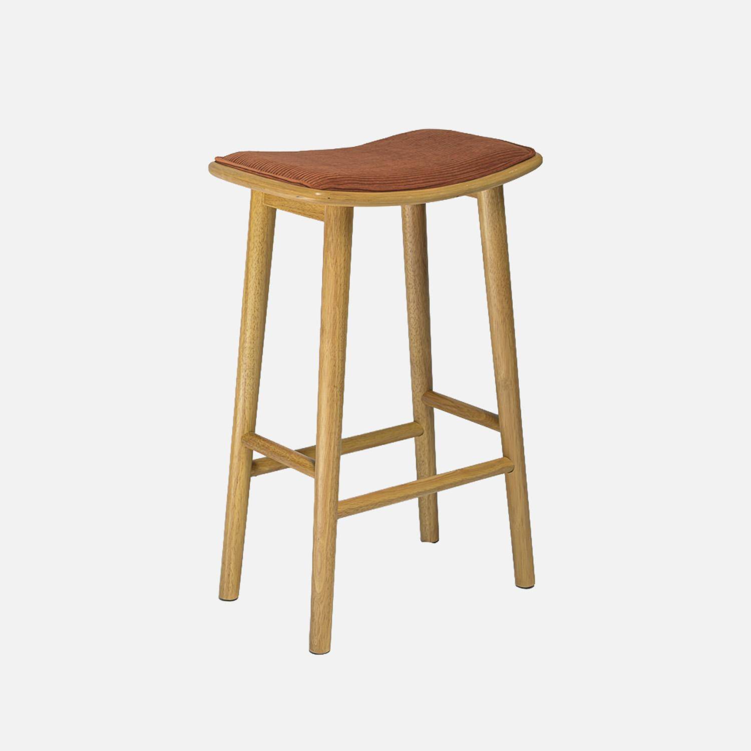 Lot de 2 tabourets de bar vintage bois d'hévéa naturel et velours côtelé terracotta - 46,5 x 31 x 70 cm - Louna,sweeek,Photo2