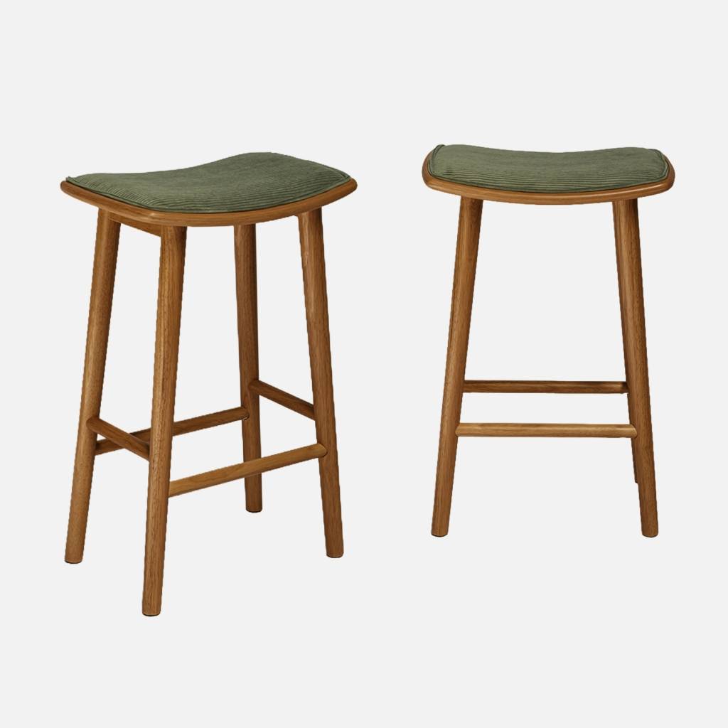 Lot de 2 tabourets de bar hévéa noyer et velours côtelé kaki