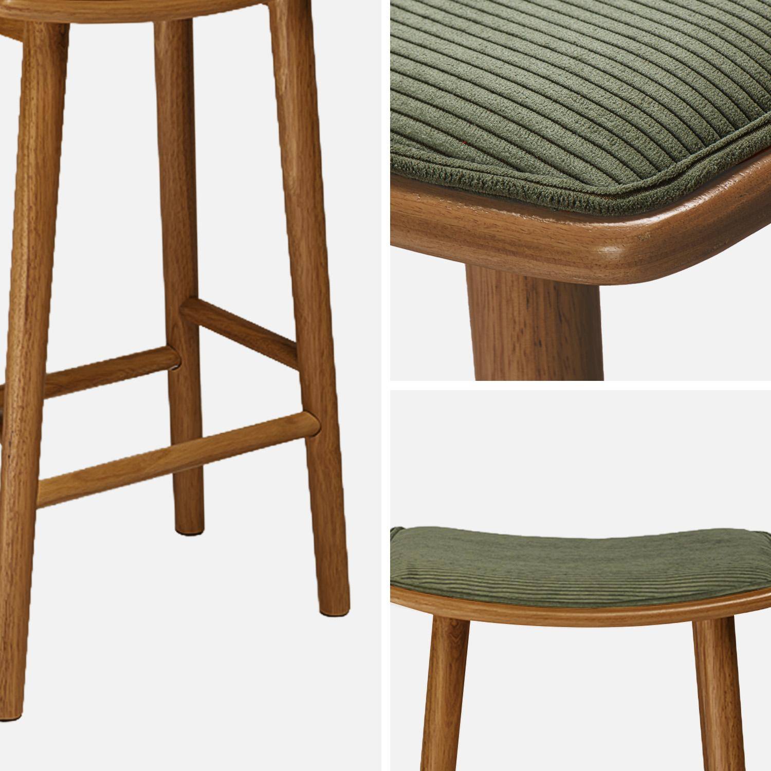 Lot de 2 tabourets de bar vintage bois d'hévéa noyer et velours côtelé kaki - 46,5 x 31 x 70 cm - Louna Photo4