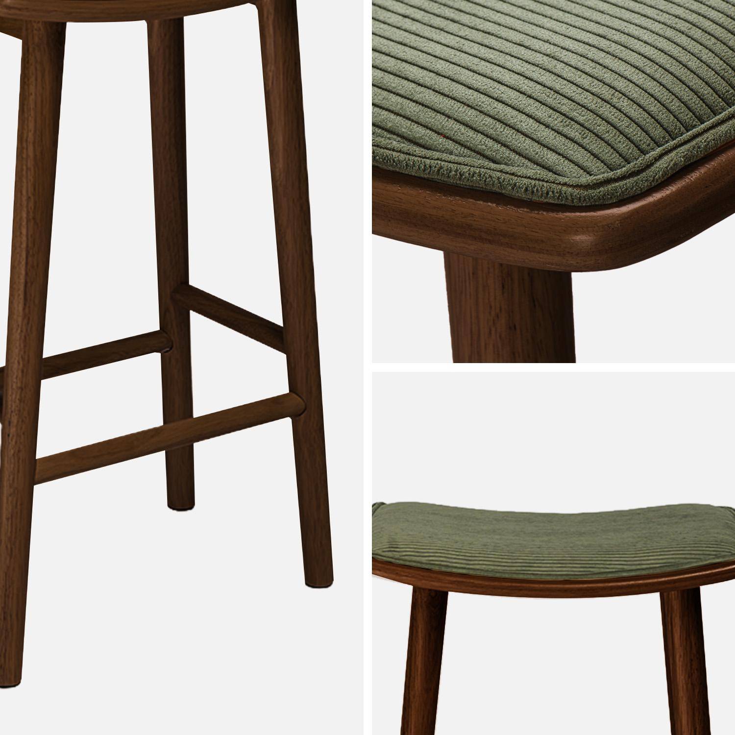 Lot de 2 tabourets de bar vintage bois d'hévéa noyer et velours côtelé kaki - 46,5 x 31 x 70 cm - Louna Photo4