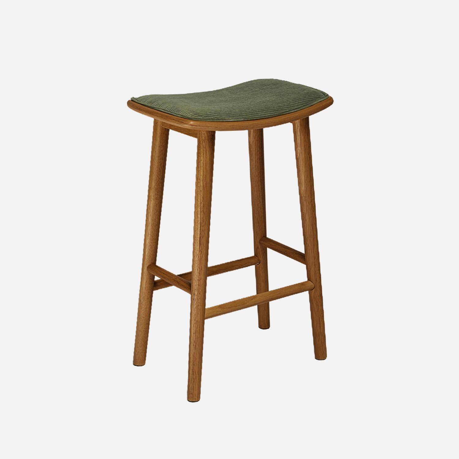 Lot de 2 tabourets de bar vintage bois d'hévéa noyer et velours côtelé kaki - 46,5 x 31 x 70 cm - Louna Photo2