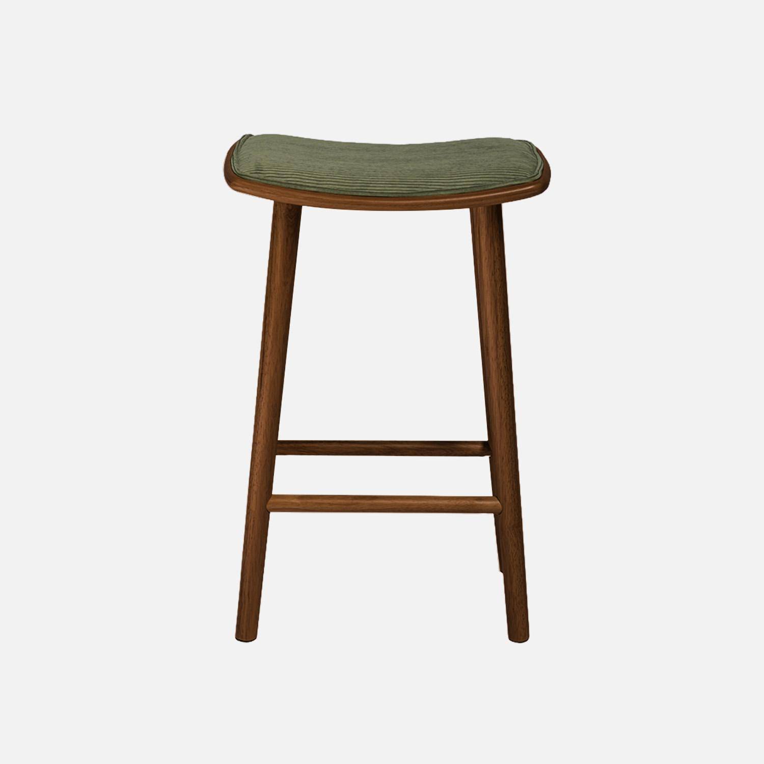 Lot de 2 tabourets de bar vintage bois d'hévéa noyer et velours côtelé kaki - 46,5 x 31 x 70 cm - Louna Photo3