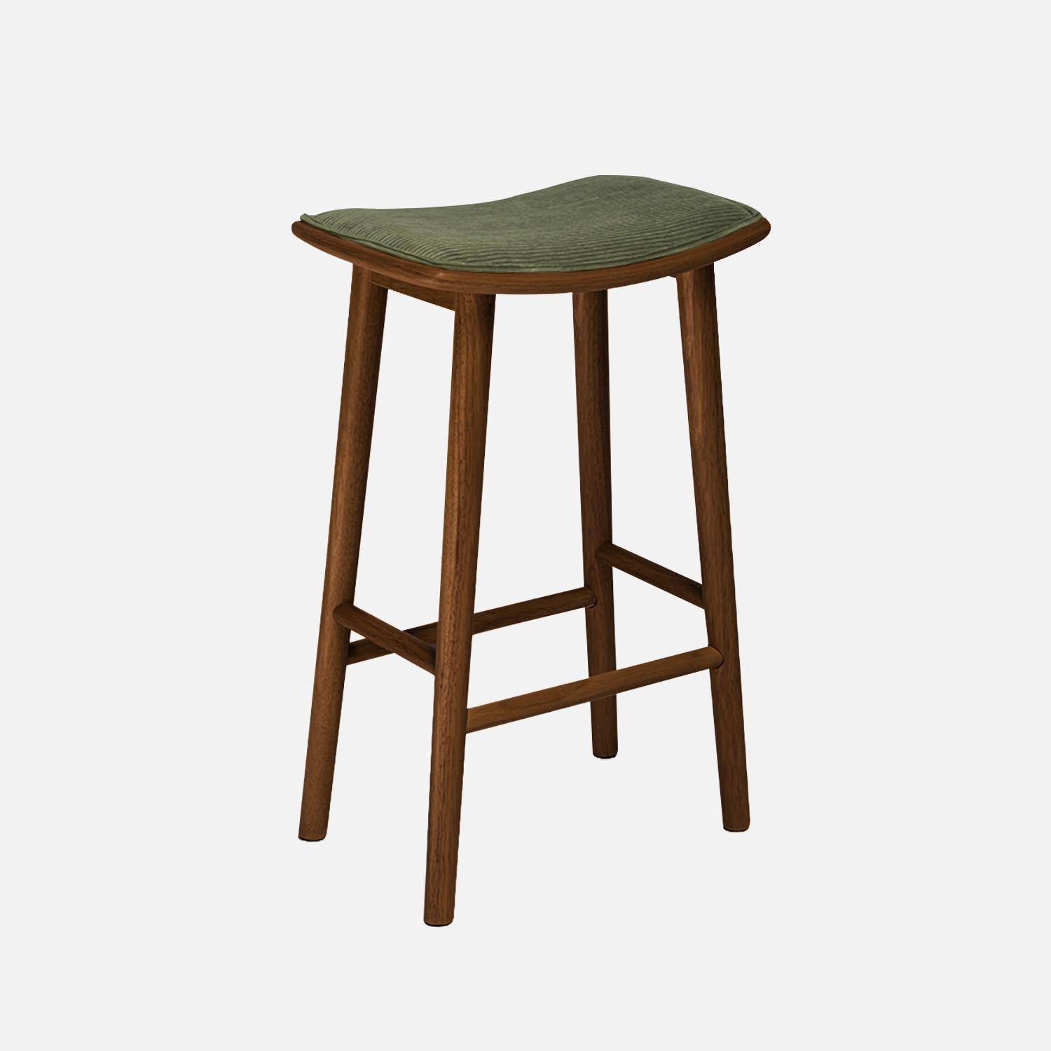 Lot de 2 tabourets de bar vintage bois d'hévéa noyer et velours côtelé kaki - 46,5 x 31 x 70 cm - Louna,sweeek,Photo2