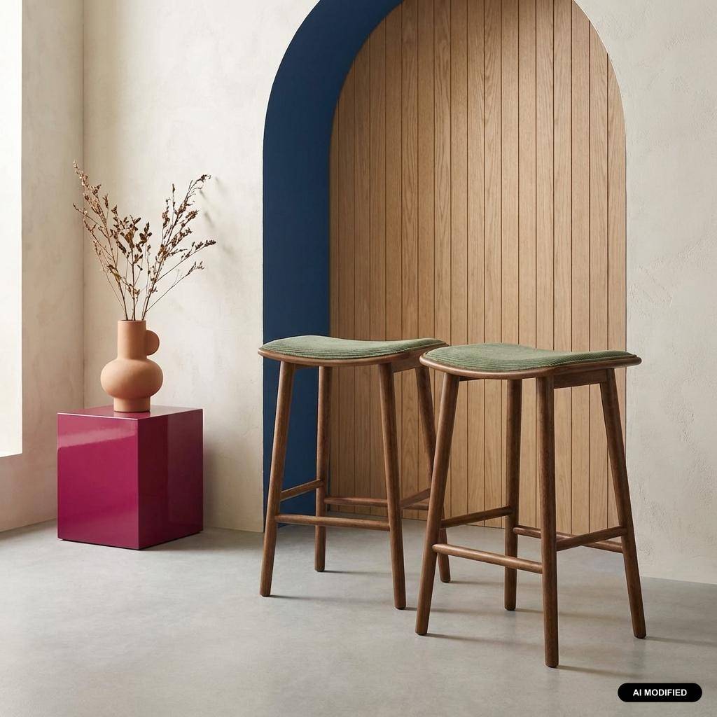 Barkrukken vintage met walnootkleurig rubberhout en corduroy (set van 2) walnoot/kaki 46,5 x 31 x 70 cm - Louna Photo1