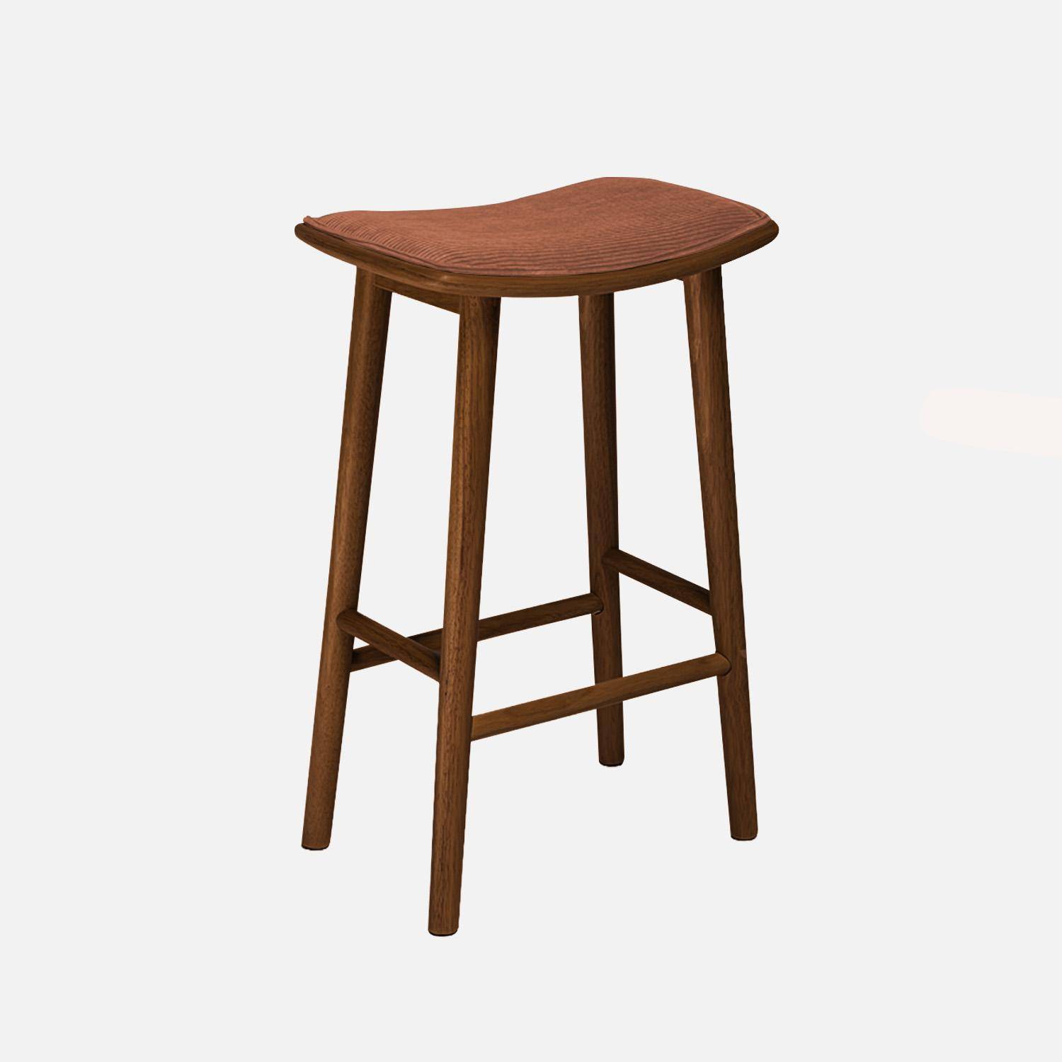 Lot de 2 tabourets de bar vintage bois d'hévéa noyer et velours côtelé terracotta - 46,5 x 31 x 70 cm - Louna,sweeek,Photo2