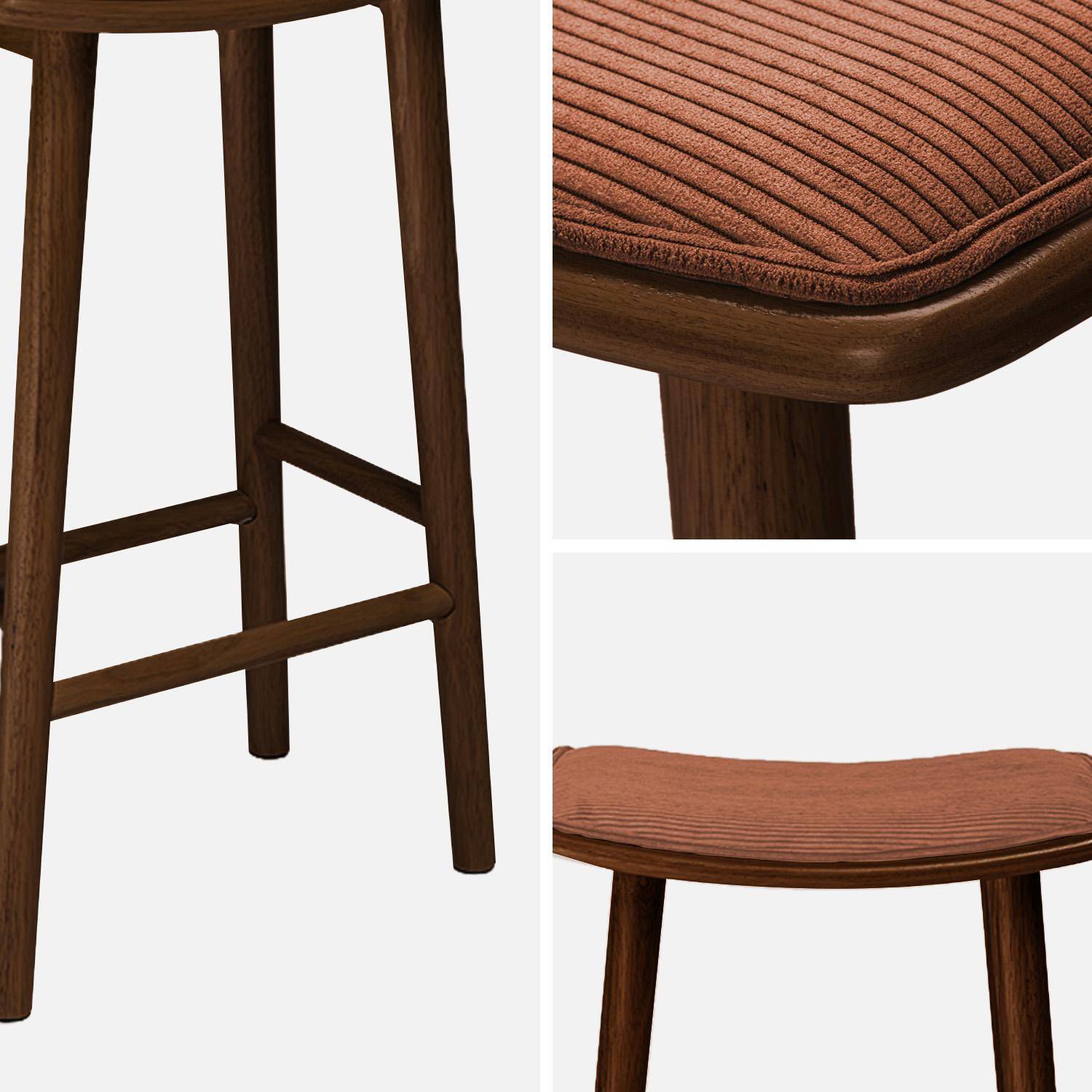 Lot de 2 tabourets de bar vintage bois d'hévéa noyer et velours côtelé terracotta - 46,5 x 31 x 70 cm - Louna,sweeek,Photo4