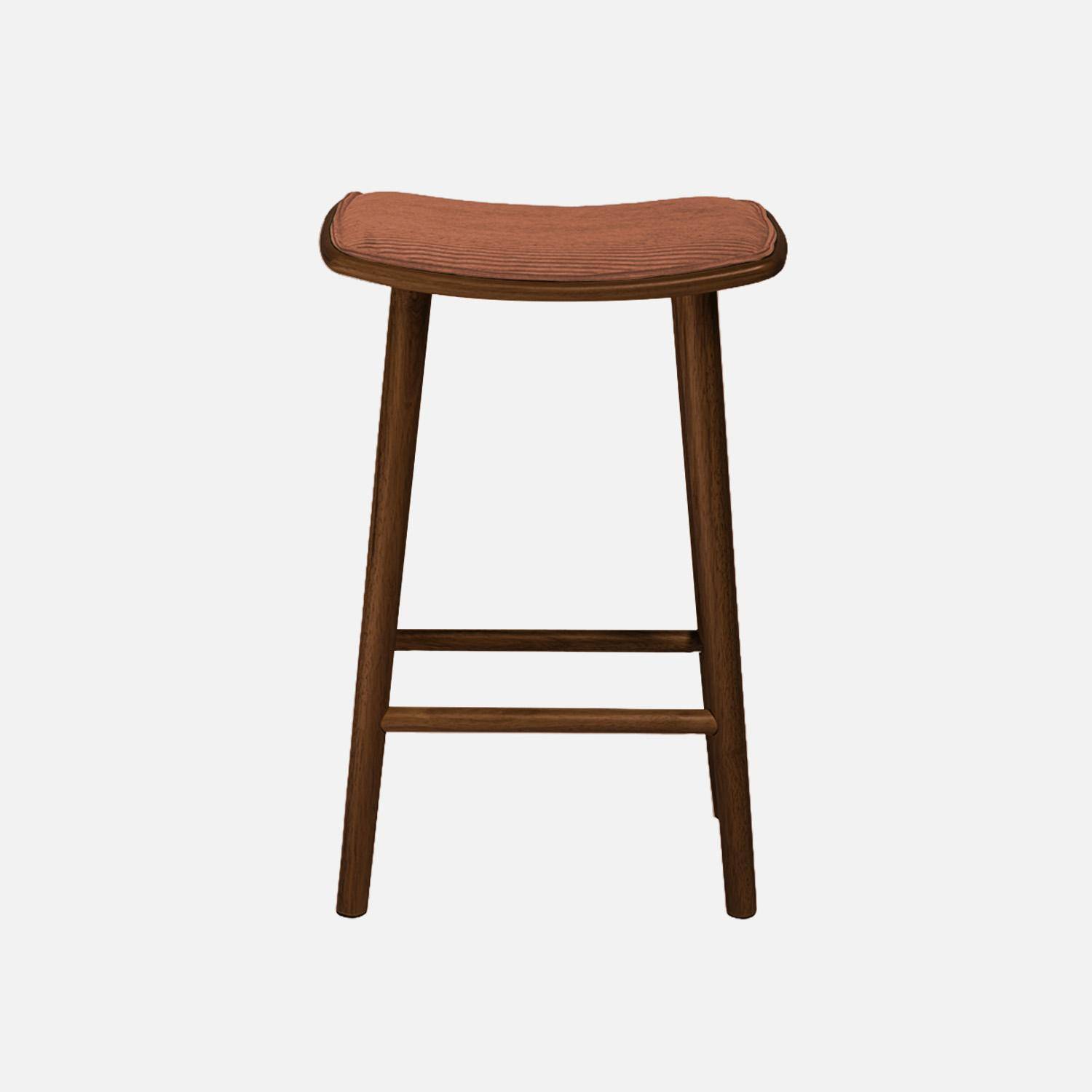 Lot de 2 tabourets de bar vintage bois d'hévéa noyer et velours côtelé terracotta - 46,5 x 31 x 70 cm - Louna Photo3