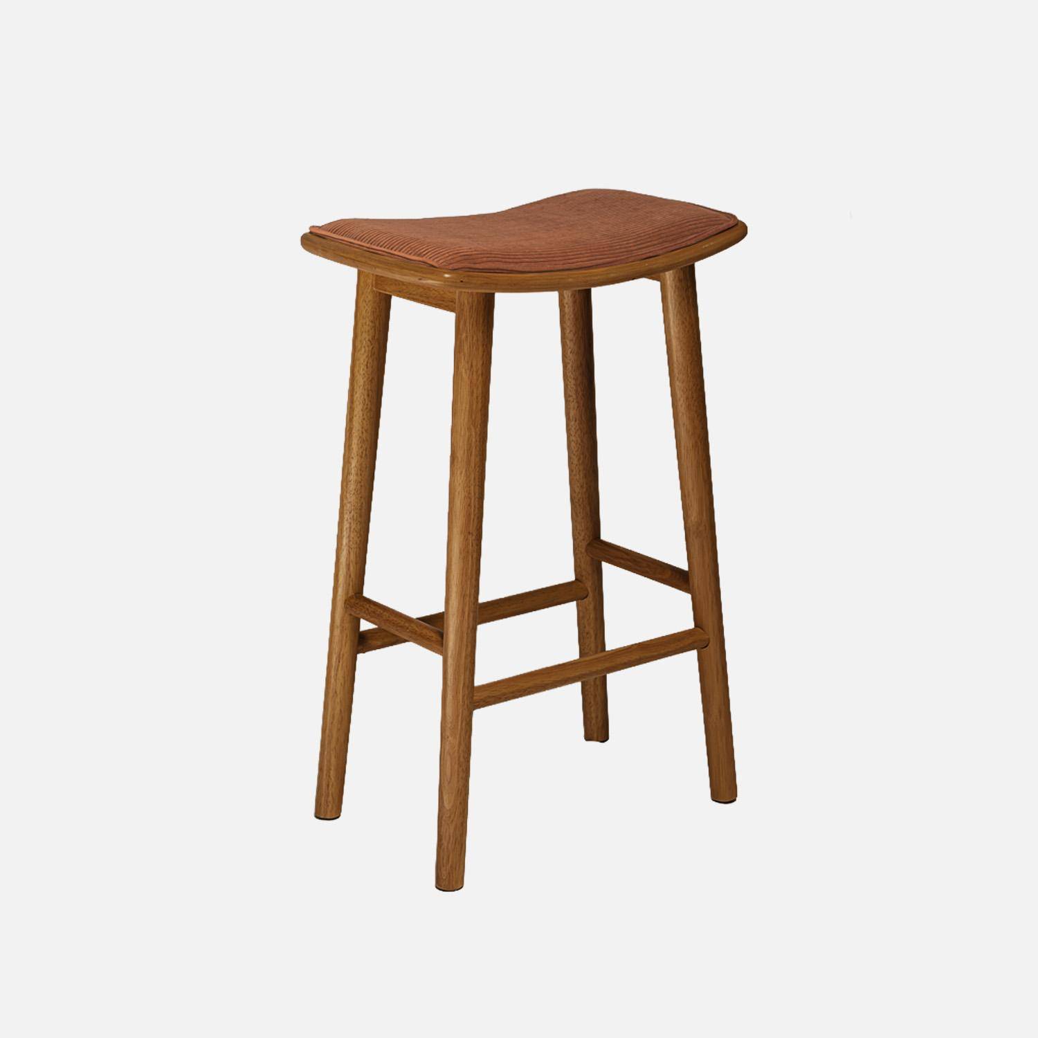 Lot de 2 tabourets de bar vintage bois d'hévéa noyer et velours côtelé terracotta - 46,5 x 31 x 70 cm - Louna Photo2