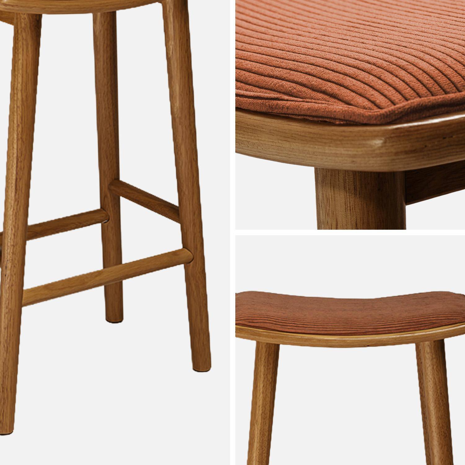 Lot de 2 tabourets de bar vintage bois d'hévéa noyer et velours côtelé terracotta - 46,5 x 31 x 70 cm - Louna Photo4
