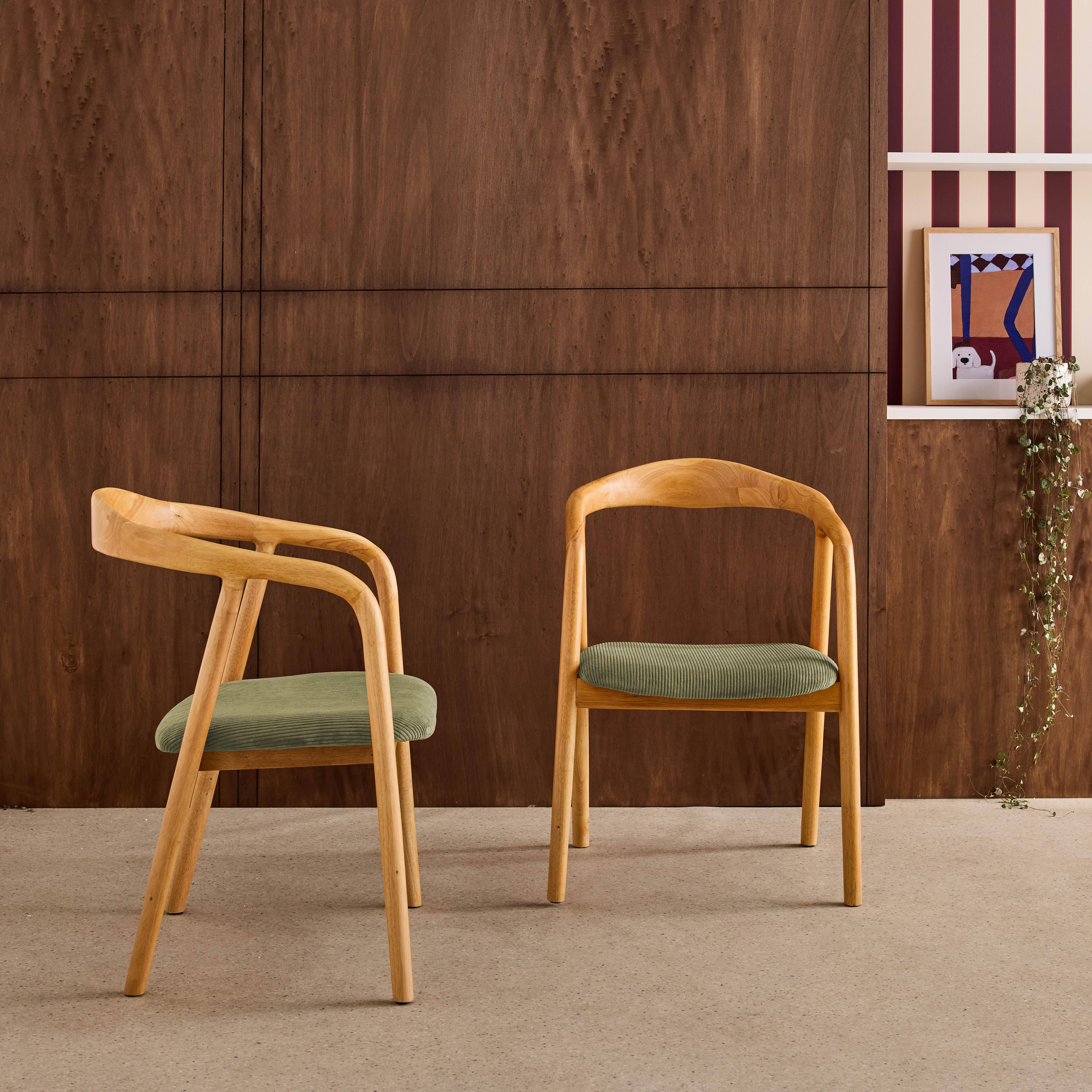 Lot de 2 fauteuils vintage bois d'hévéa naturel et velours côtelé kaki - L 55 x P 58 x H 79 cm Photo1