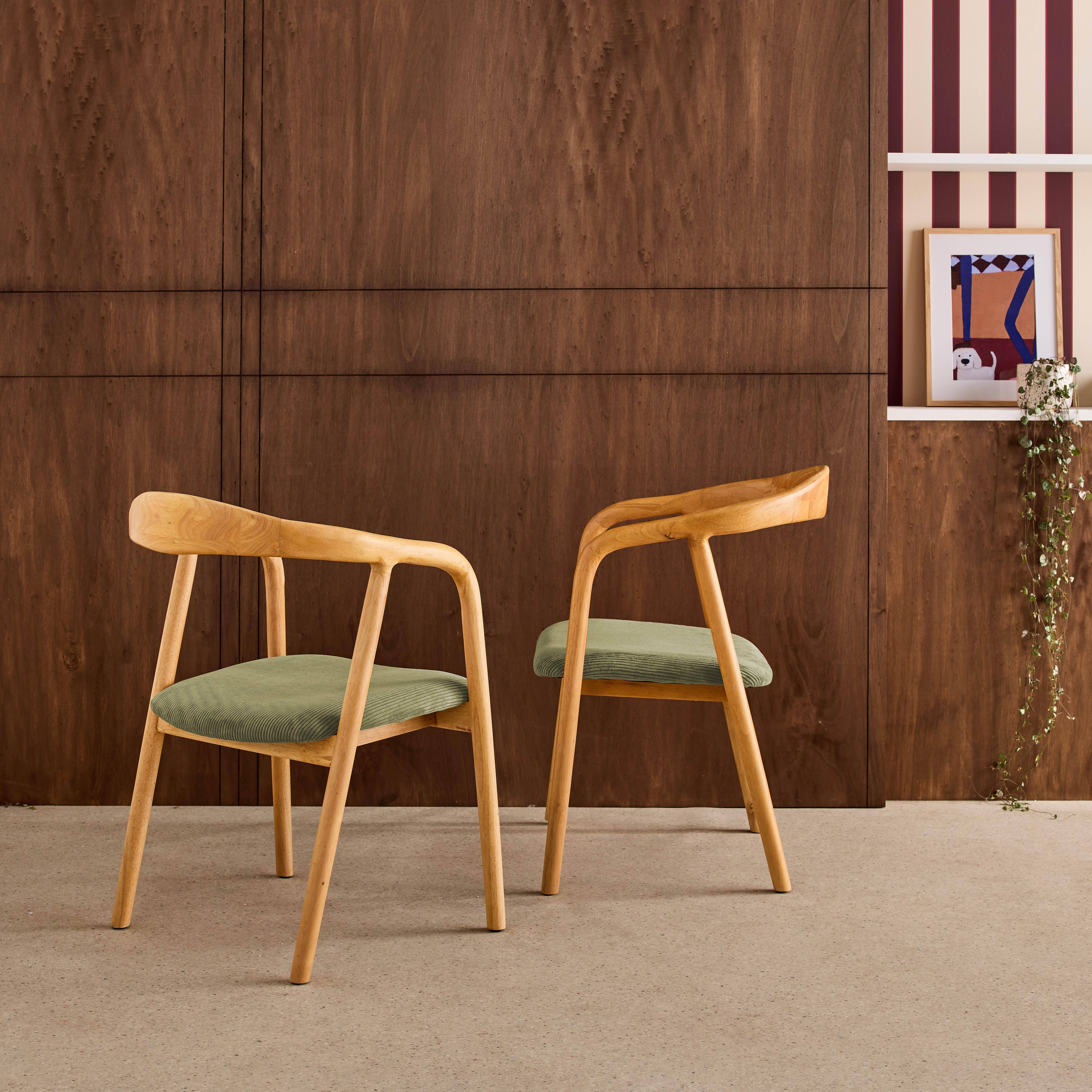 Lot de 2 fauteuils vintage bois d'hévéa naturel et velours côtelé kaki - L 55 x P 58 x H 79 cm Photo2