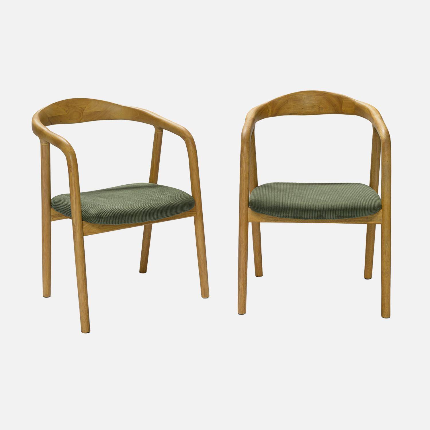 Lot de 2 fauteuils vintage bois d'hévéa naturel et velours côtelé kaki - L 55 x P 58 x H 79 cm Photo1