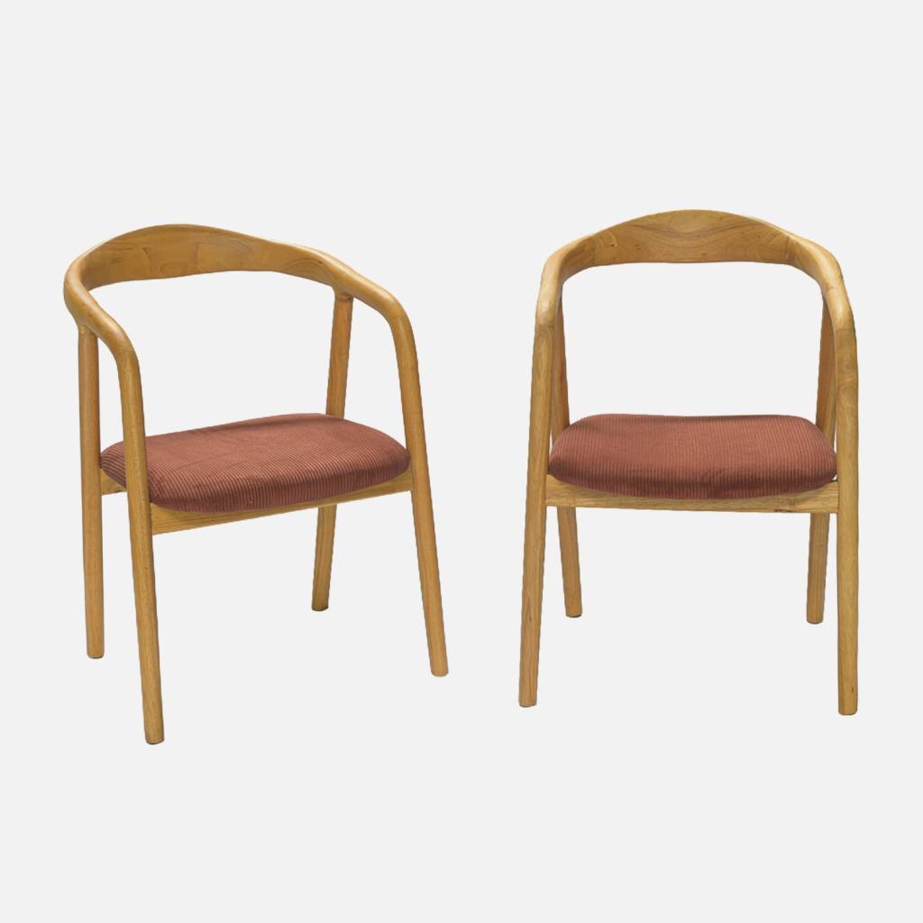 Set di 2 sedie vintage in legno di hevea e velluto a coste, Marrone naturale