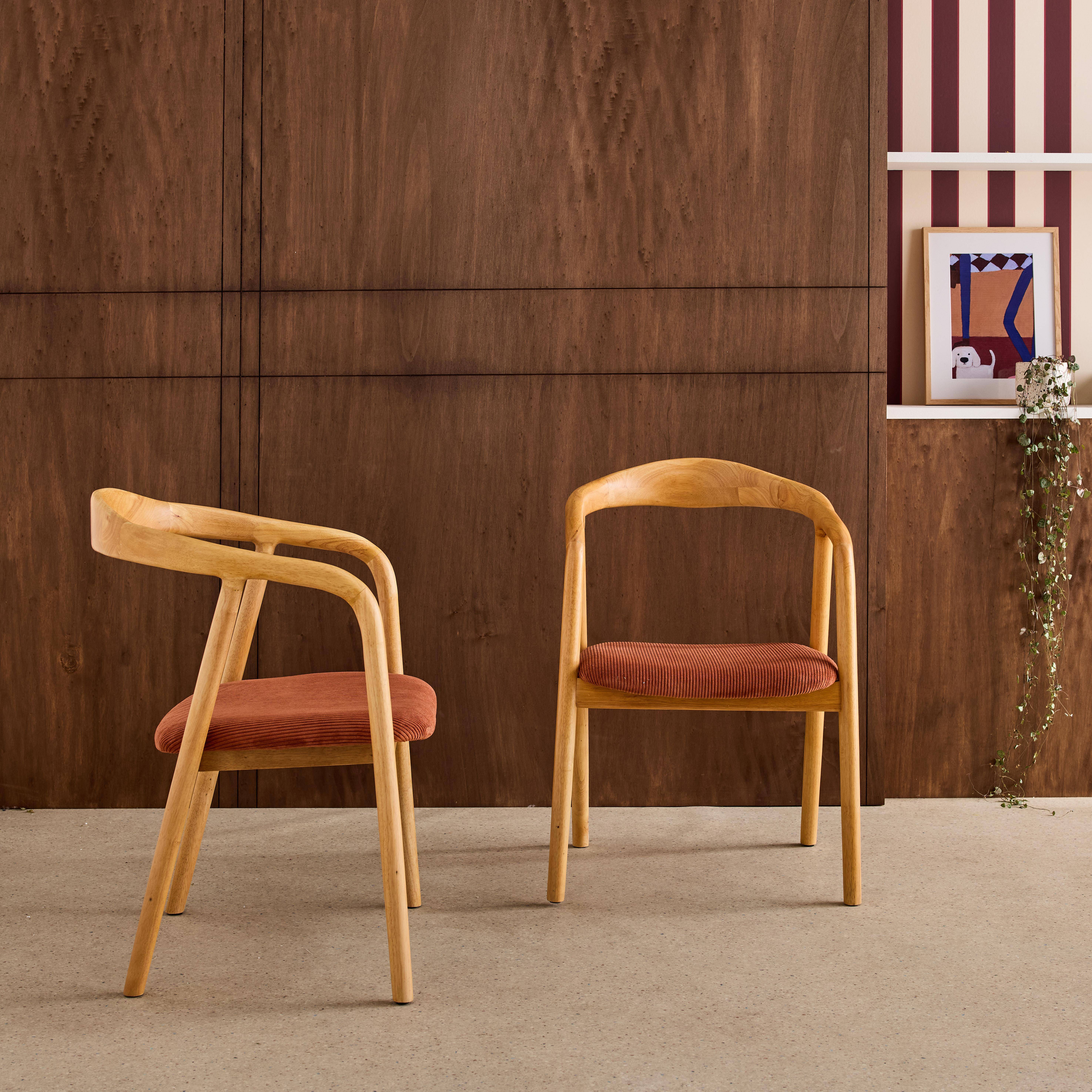 Lot de 2 fauteuils vintage bois d'hévéa naturel et velours côtelé terracotta - L 55 x P 58 x H 79 cm Photo1