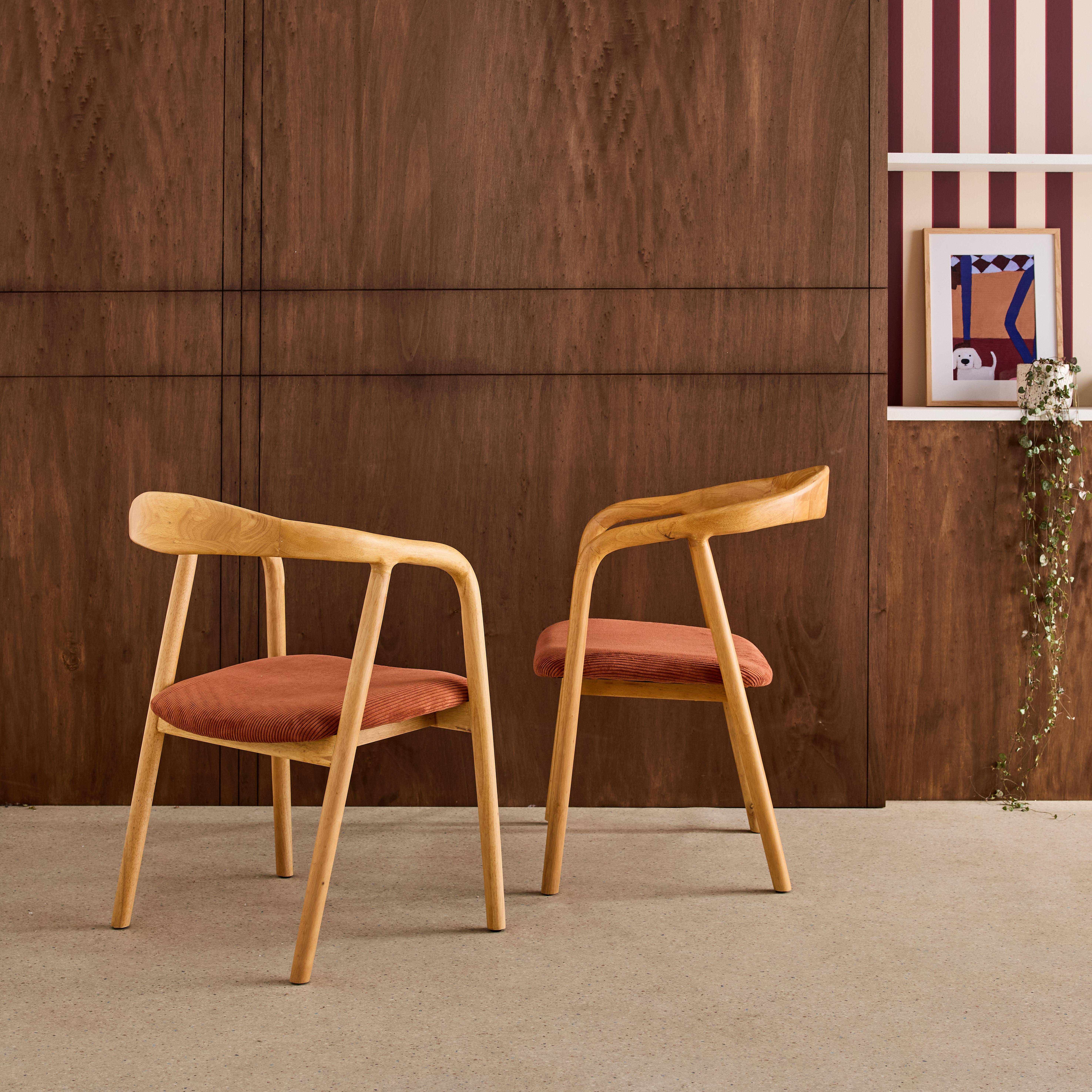 Lot de 2 fauteuils vintage bois d'hévéa naturel et velours côtelé terracotta - L 55 x P 58 x H 79 cm,sweeek,Photo2
