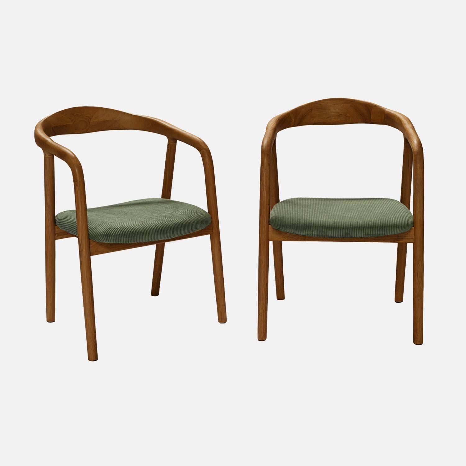 Lot de 2 fauteuils vintage bois d'hévéa noyer et velours côtelé kaki - L 55 x P 58 x H 79 cm Photo1