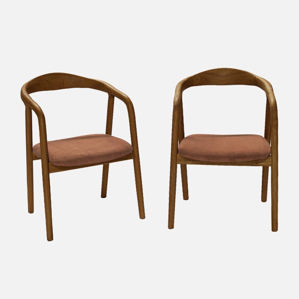 Lot de 2 fauteuils vintage hévéa noyer et velours côtelé terracotta