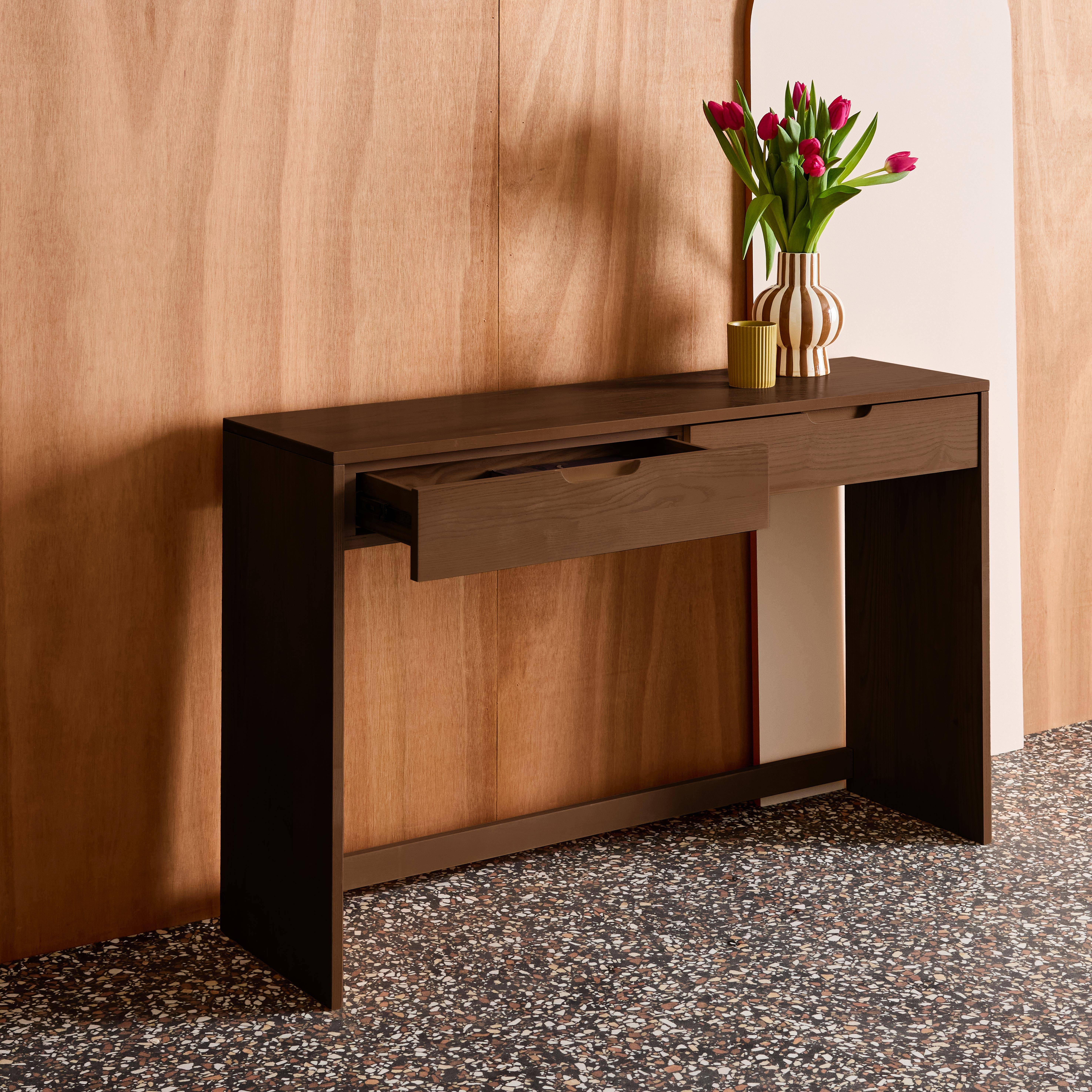 Console décor bois 2 tiroirs 120cm noyer - Tania Photo3