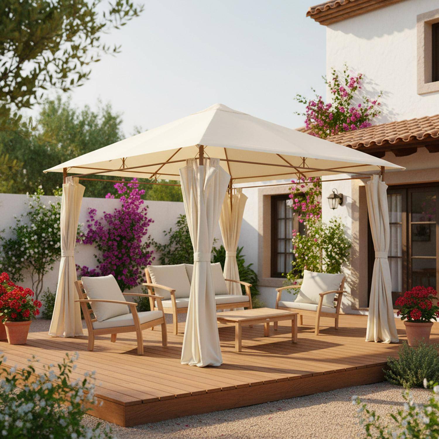 Tonnelle 3x3 m - Elusa -  Imitation bois, toile écru - Pergola avec rideaux, tente de jardin, barnum, chapiteau, réception Photo1