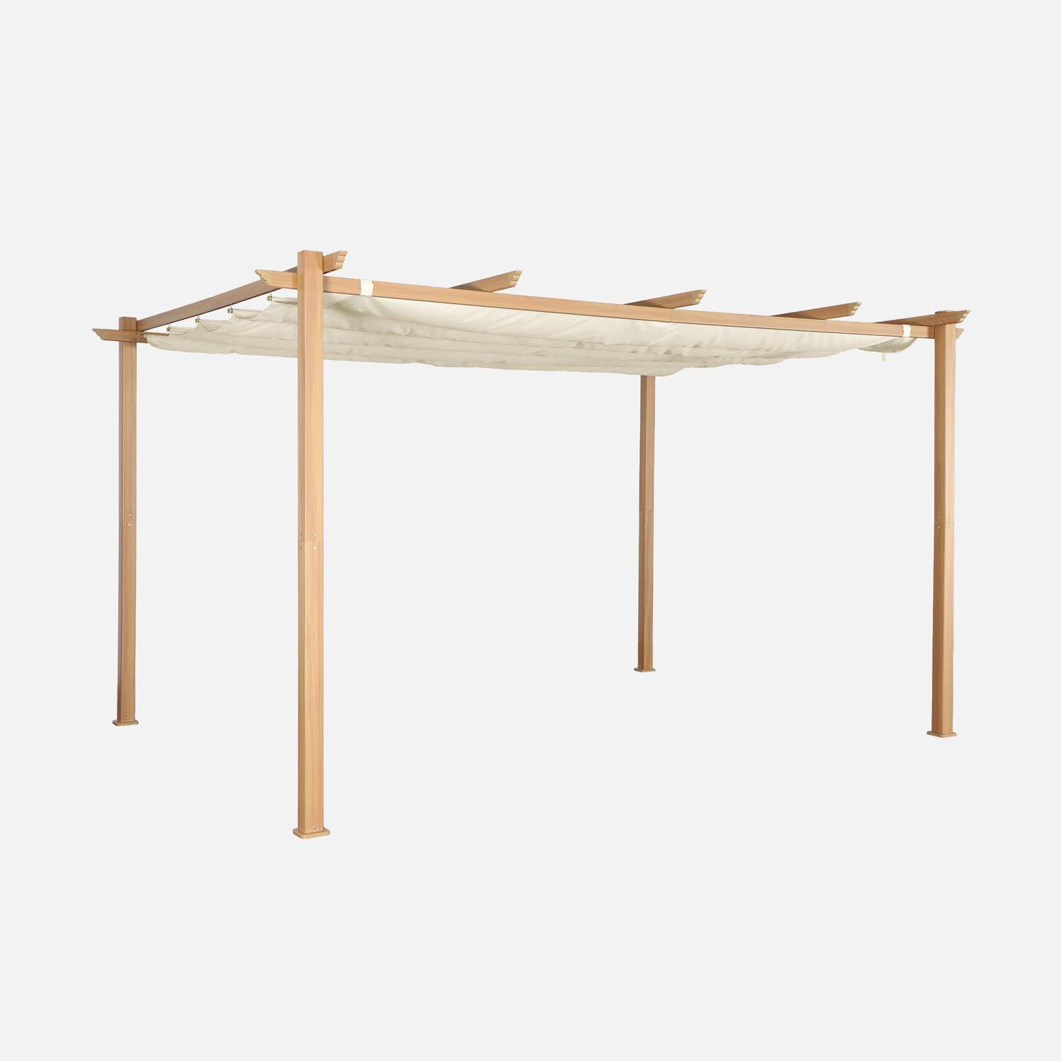 Pergola aluminium - Isla 3x4m -  Imitation bois, toile écru - Tonnelle idéale pour votre terrasse, toit rétractable, toile coulissante, structure aluminium Photo1